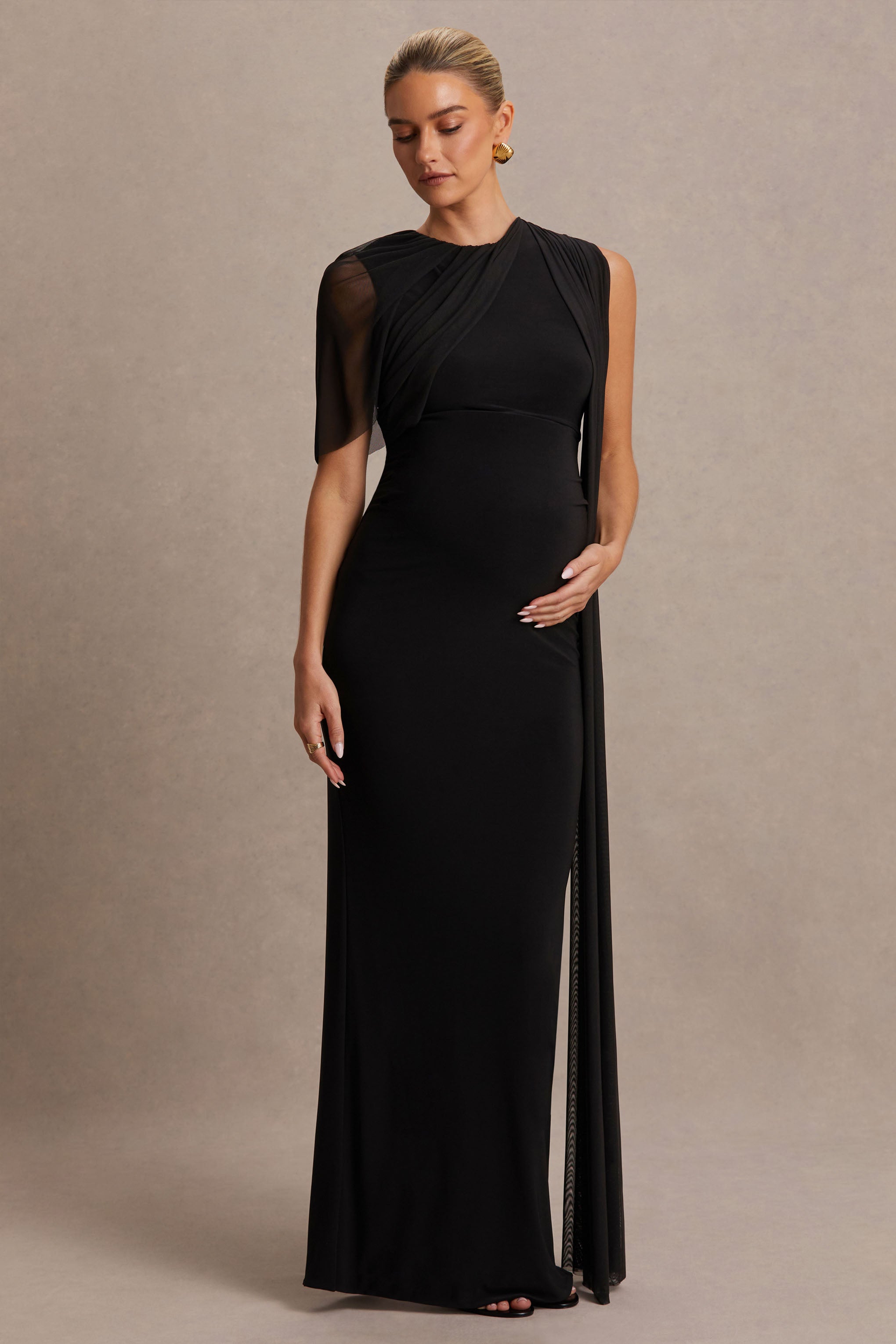 Amelise | Black High-Neck Maternity Maxi Dress With Mesh-Cape Sleeve And Sash Detail