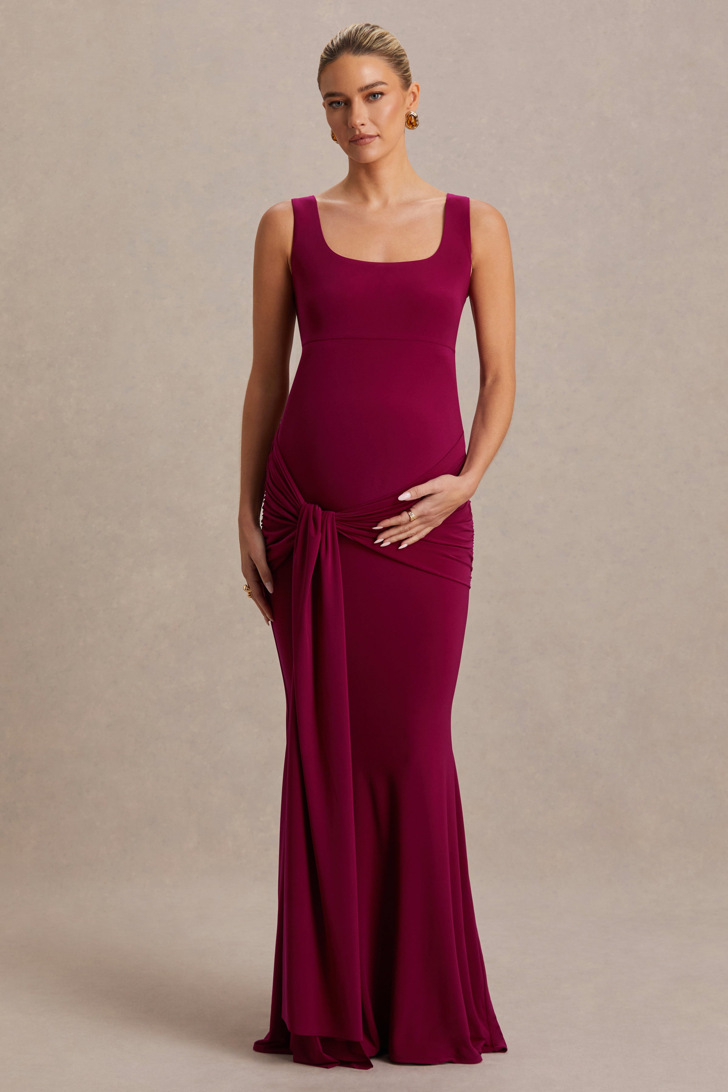 Baylin | Burgundy Square-Neck Maternity Maxi Dress With Ruched Detailing And Sash