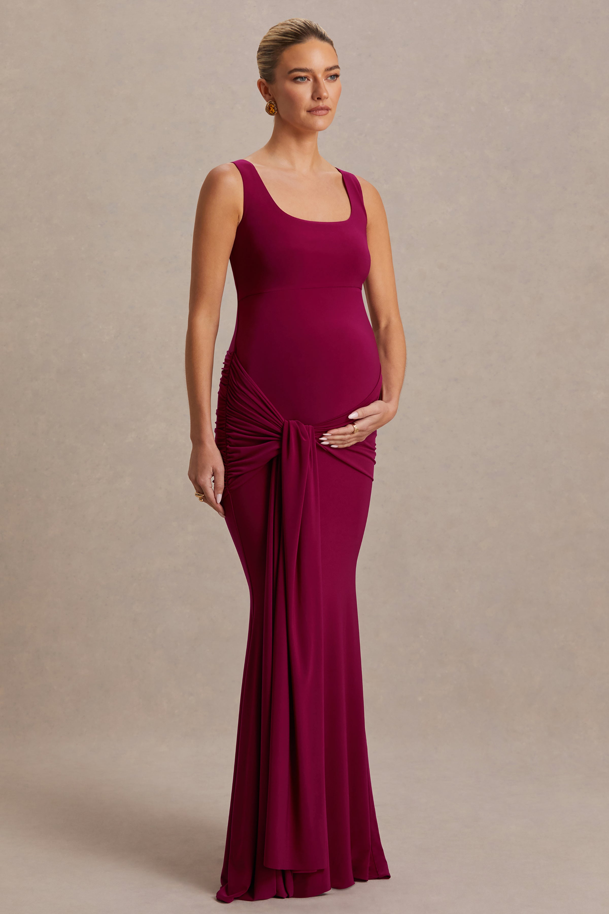 Baylin | Burgundy Square-Neck Maternity Maxi Dress With Ruched Detailing And Sash