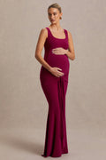 Baylin | Burgundy Square-Neck Maternity Maxi Dress With Ruched Detailing And Sash