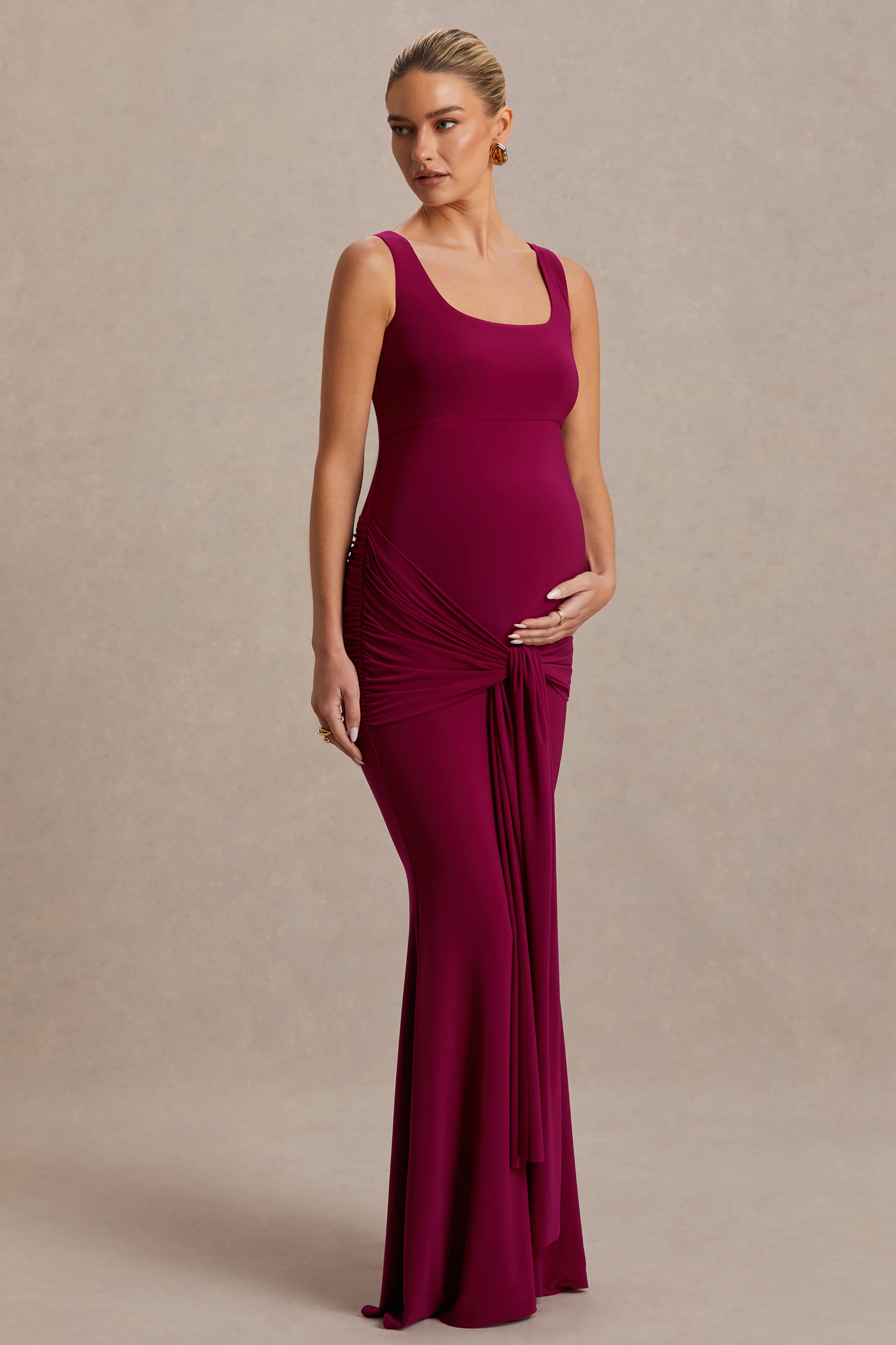 Baylin | Burgundy Square-Neck Maternity Maxi Dress With Ruched Detailing And Sash