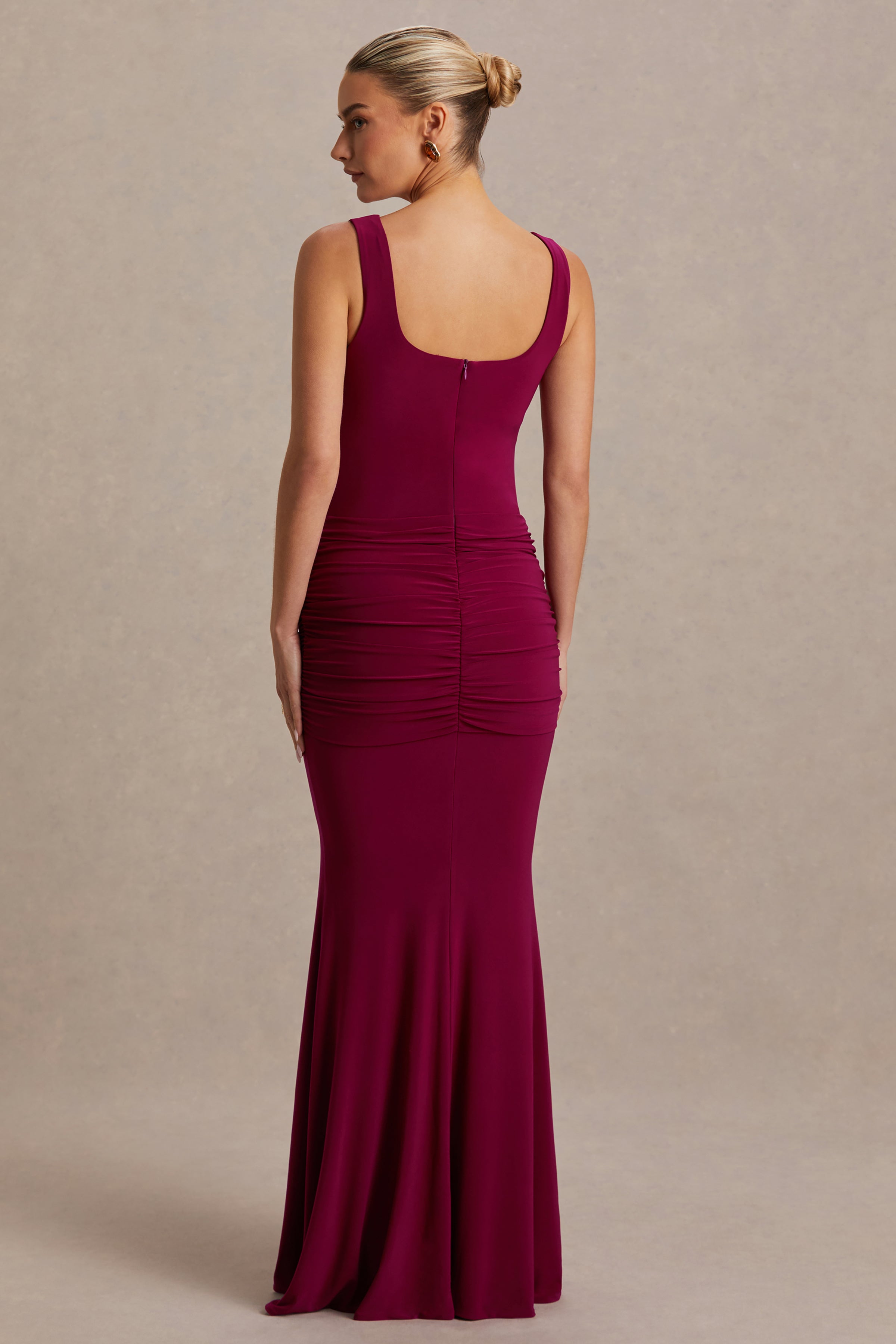 Baylin | Burgundy Square-Neck Maternity Maxi Dress With Ruched Detailing And Sash