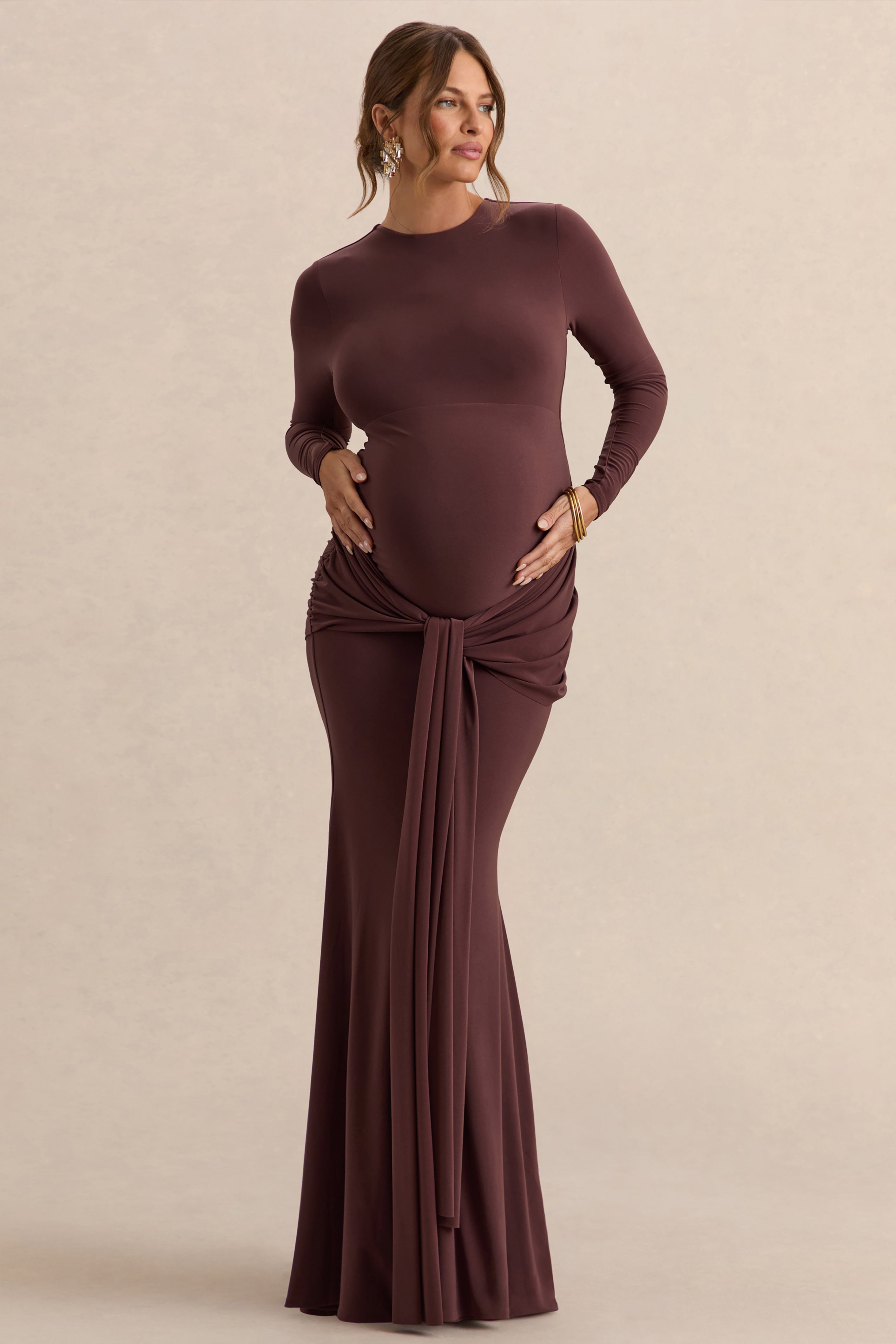 Aveny | Brown Crew-Neck Maternity Maxi Dress With Ruched-Detailing And Sash
