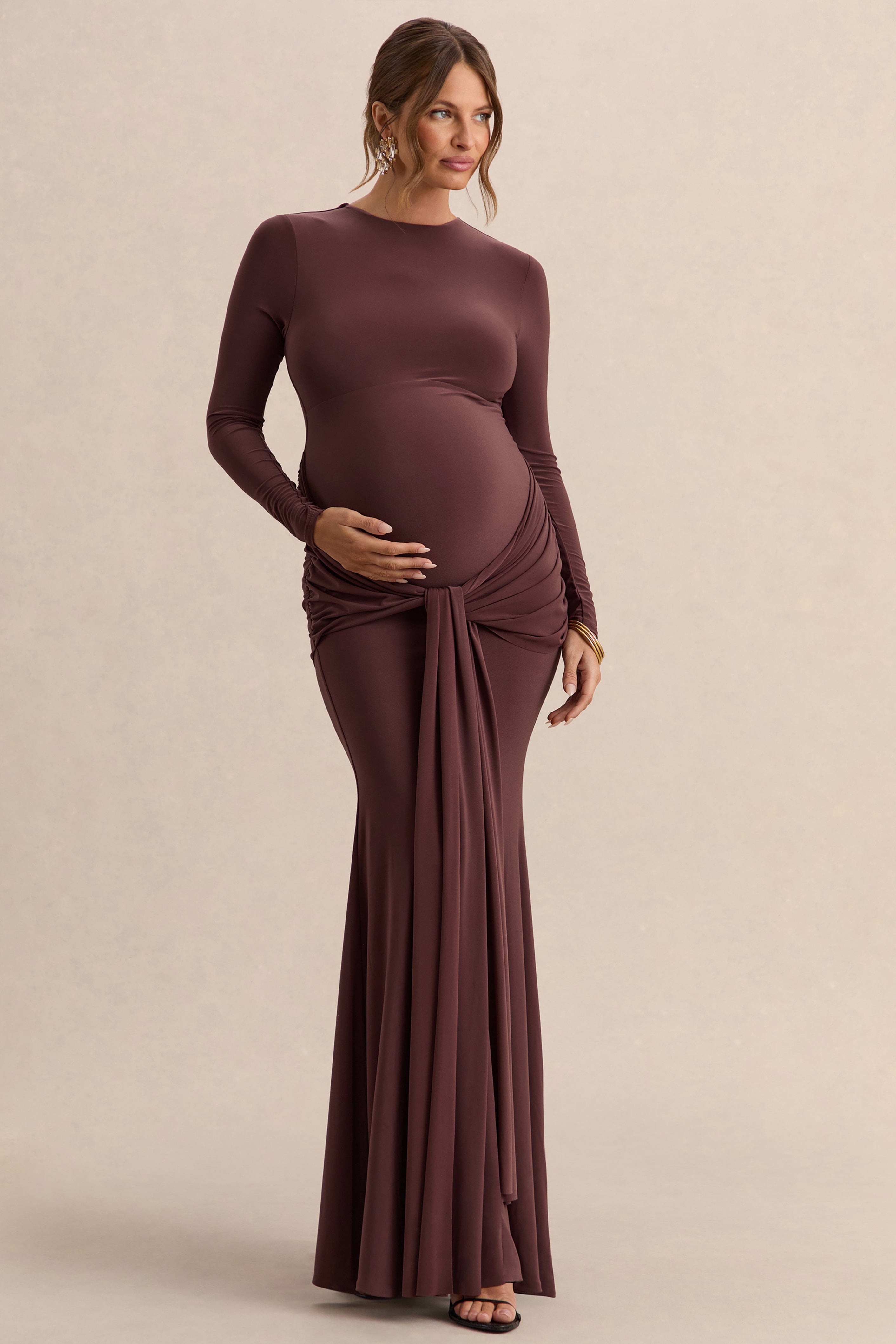 Aveny | Brown Crew-Neck Maternity Maxi Dress With Ruched-Detailing And Sash