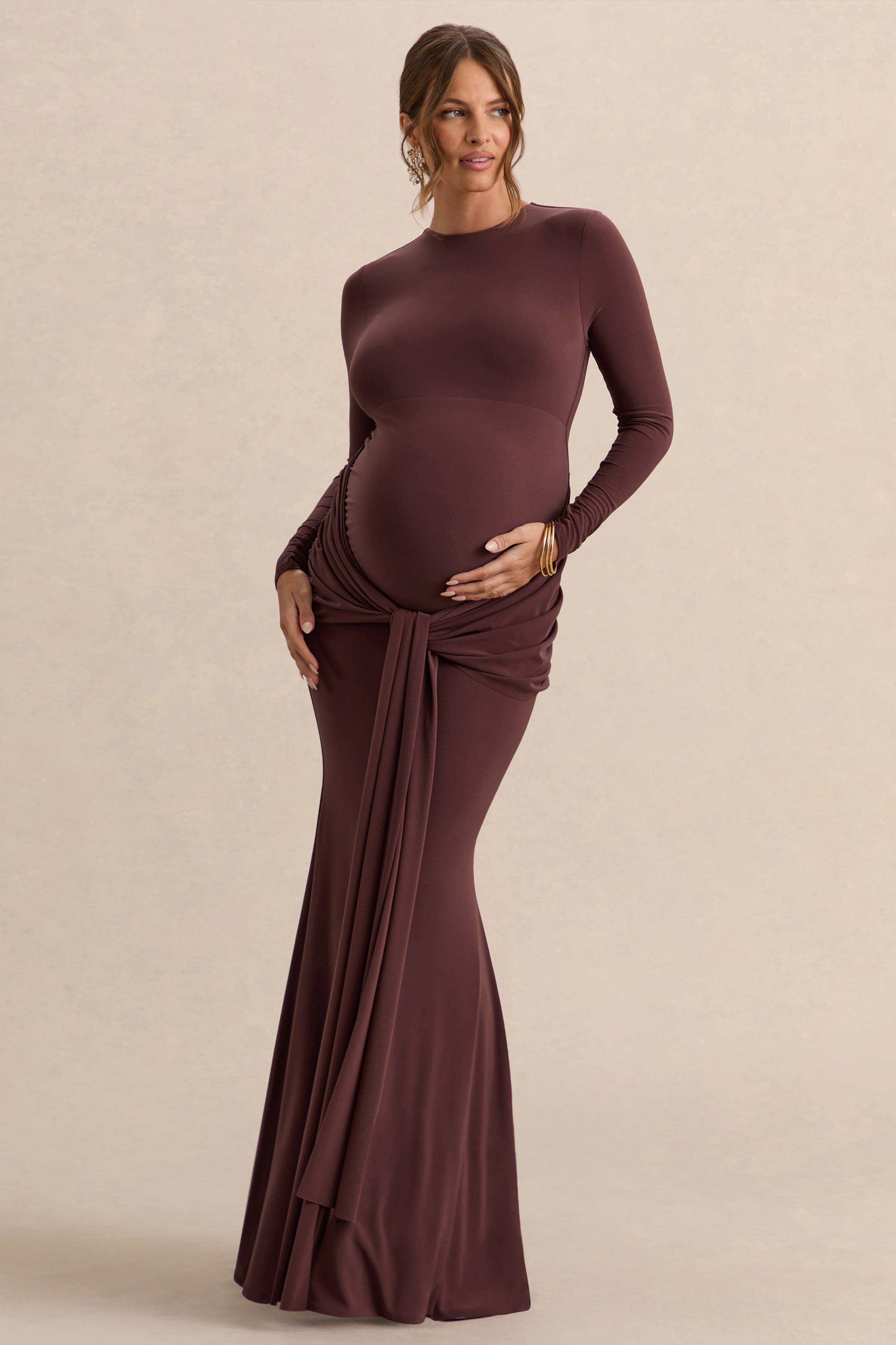 Aveny | Brown Crew-Neck Maternity Maxi Dress With Ruched-Detailing And Sash