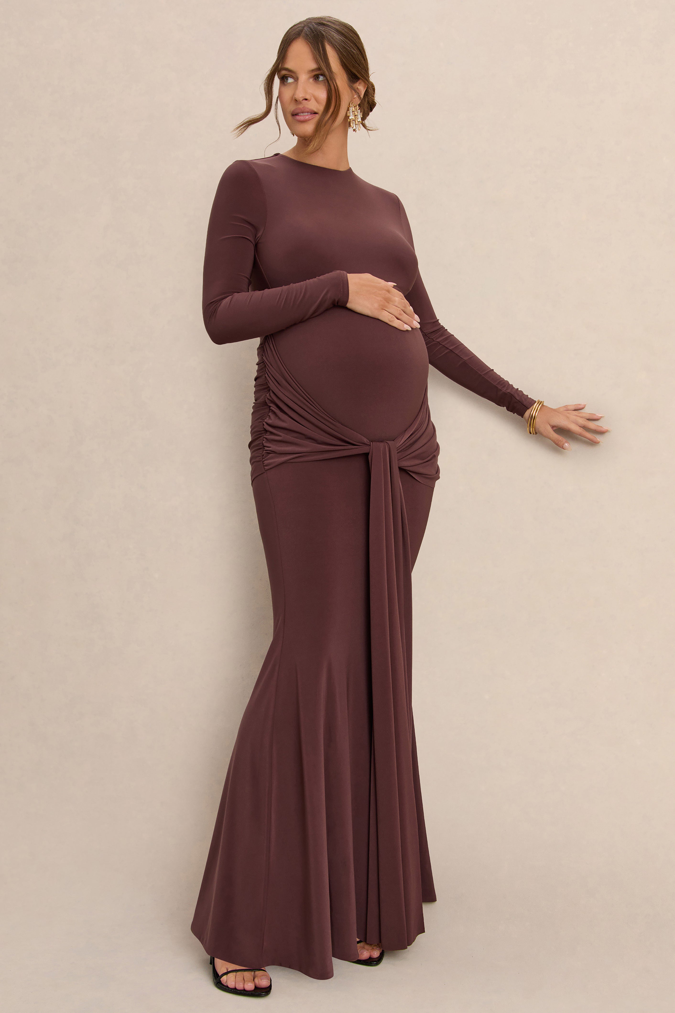 Aveny | Brown Crew-Neck Maternity Maxi Dress With Ruched-Detailing And Sash