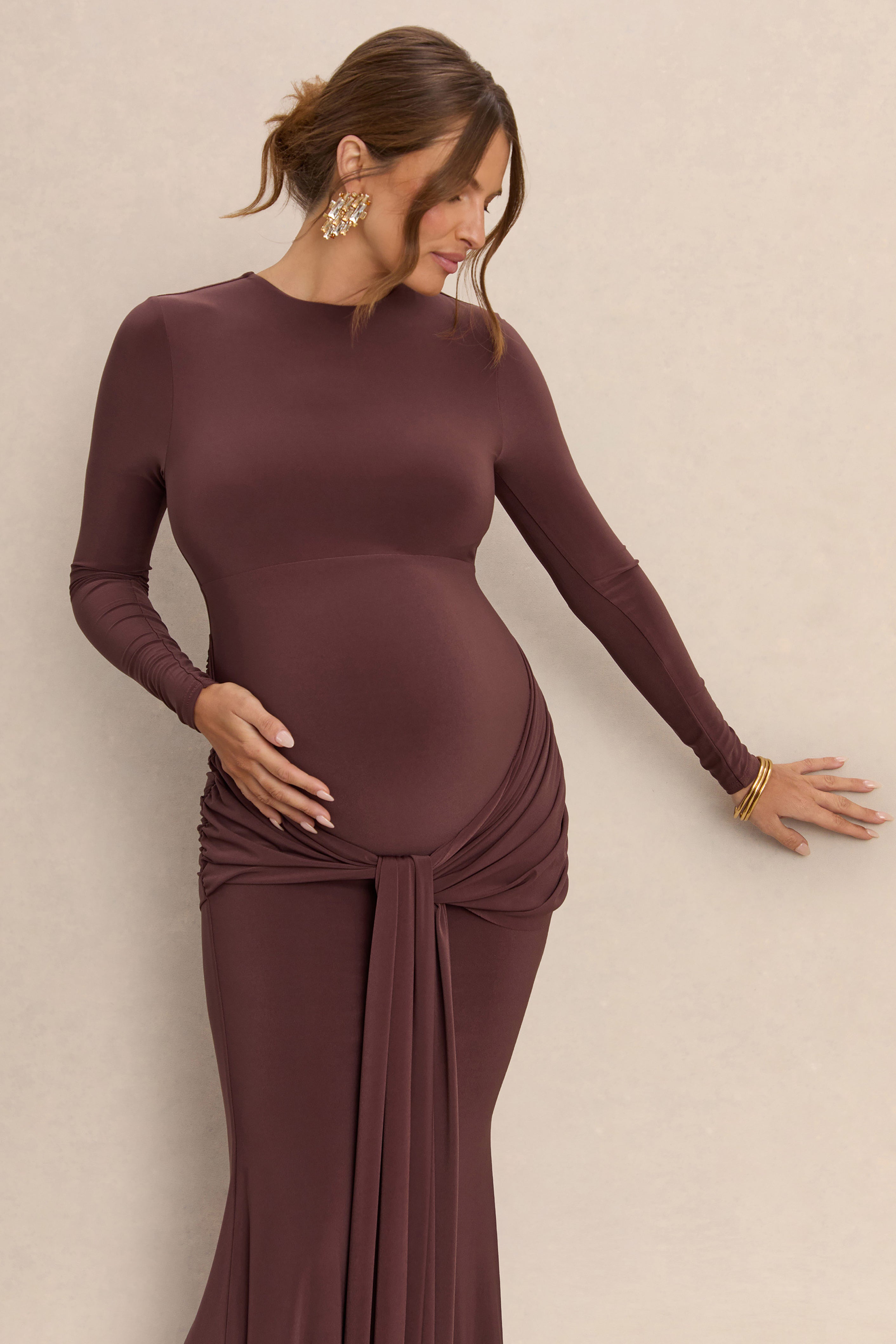 Aveny | Brown Crew-Neck Maternity Maxi Dress With Ruched-Detailing And Sash