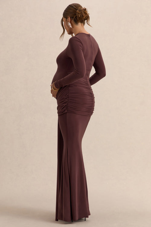 Aveny | Brown Crew-Neck Maternity Maxi Dress With Ruched-Detailing And Sash