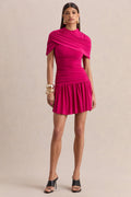 Fenella | Hot Pink High-Neck Mini Dress With Cape-Sleeves And Ruched Detailing