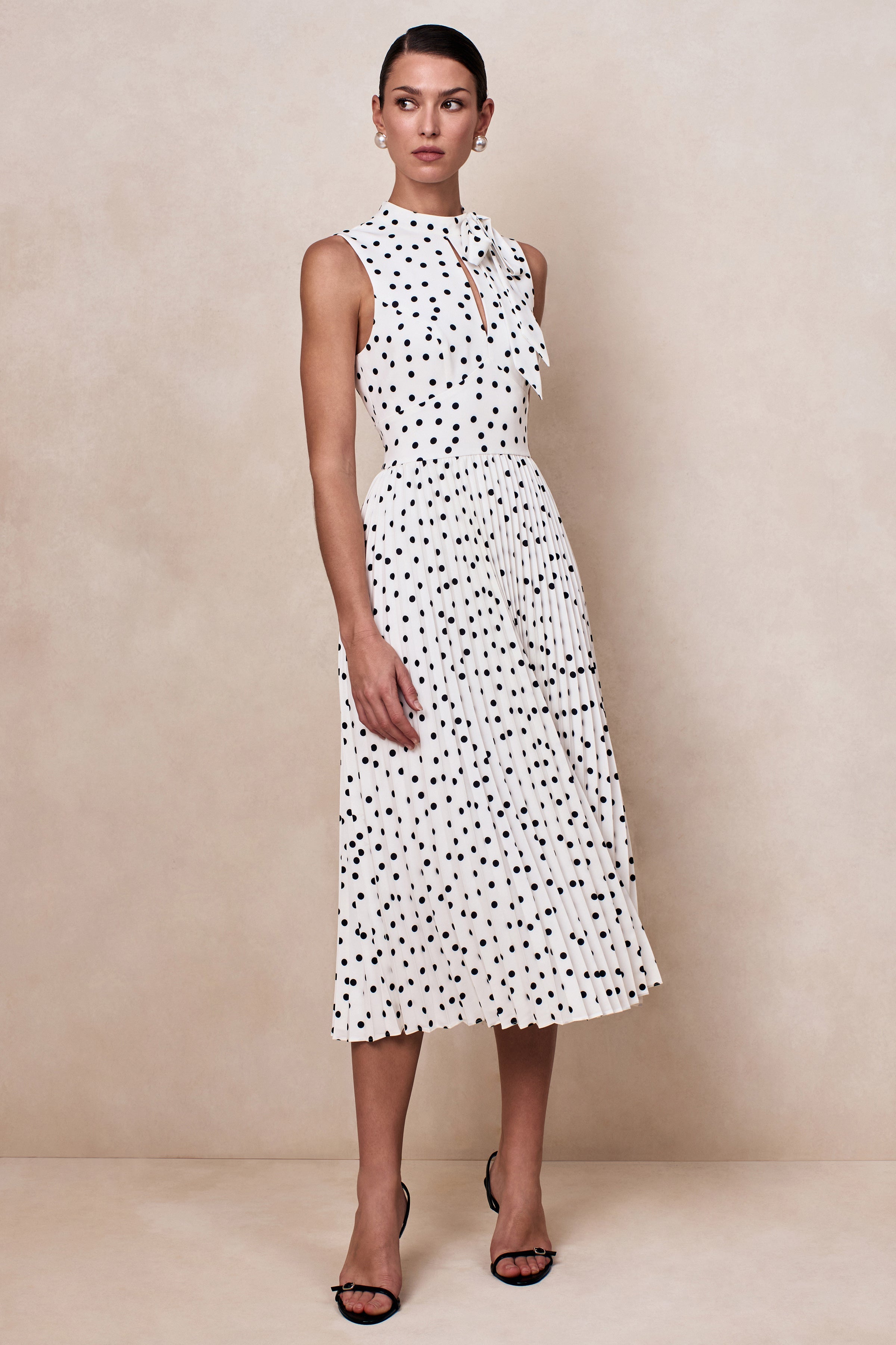 Avalon | White Polka Dot Scarf-Neck Midi Dress With Pleated Skirt
