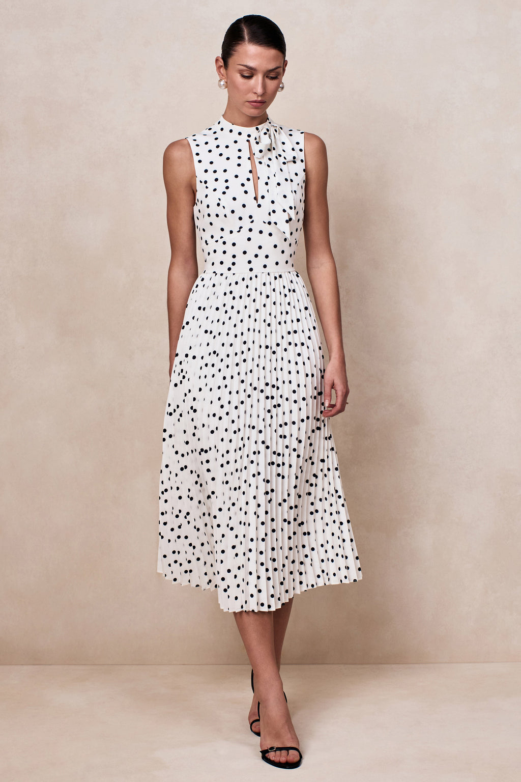 Avalon | White Polka Dot Scarf-Neck Midi Dress With Pleated Skirt