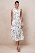 Avalon | White Polka Dot Scarf-Neck Midi Dress With Pleated Skirt