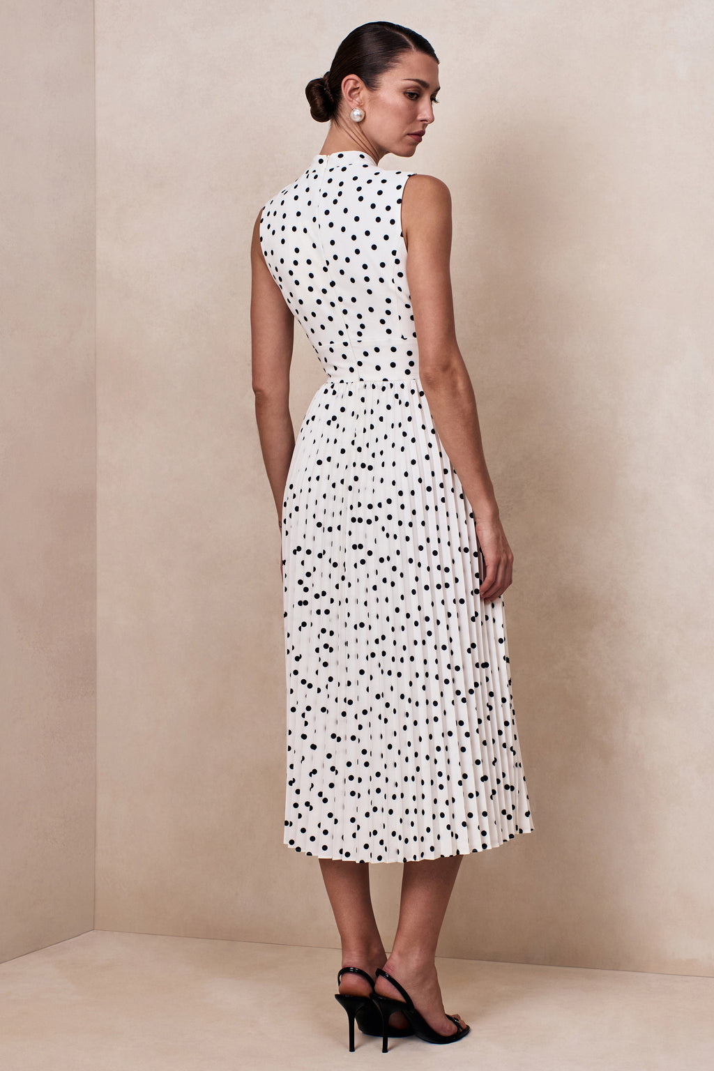 Avalon | White Polka Dot Scarf-Neck Midi Dress With Pleated Skirt