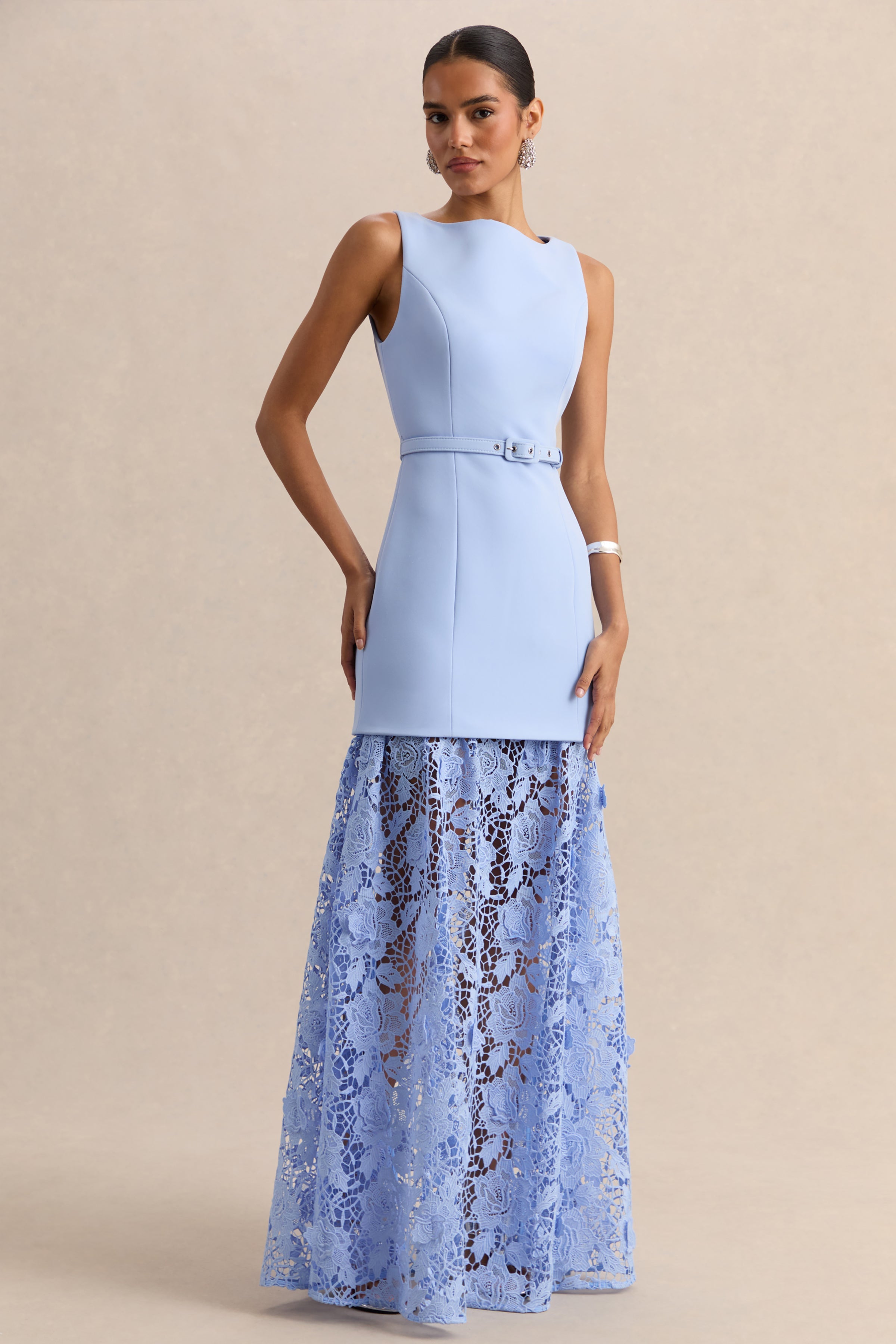 Verena | Powder Blue Boat-Neck Belted Maxi Dress With Lace Skirt