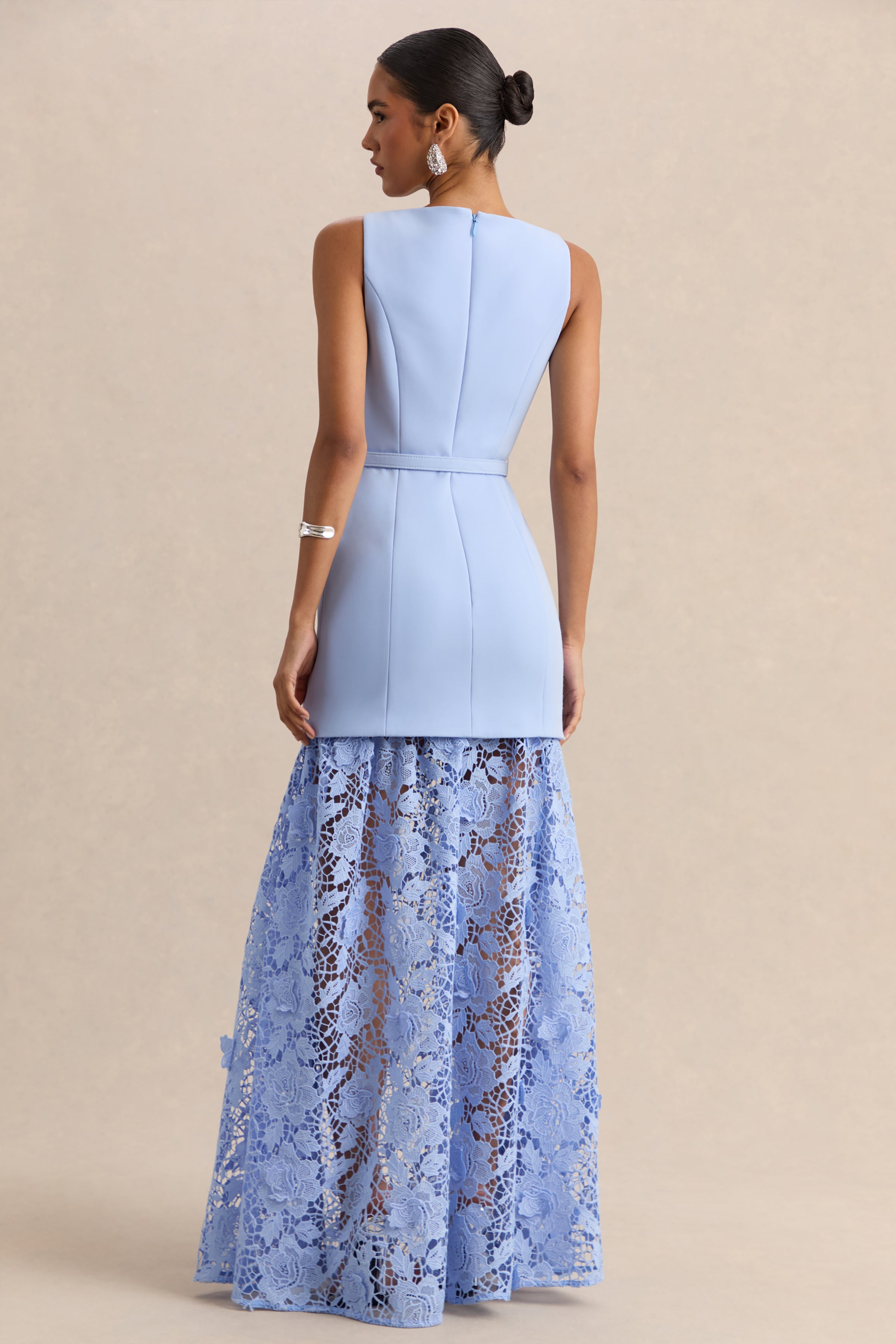 Verena | Powder Blue Boat-Neck Belted Maxi Dress With Lace Skirt