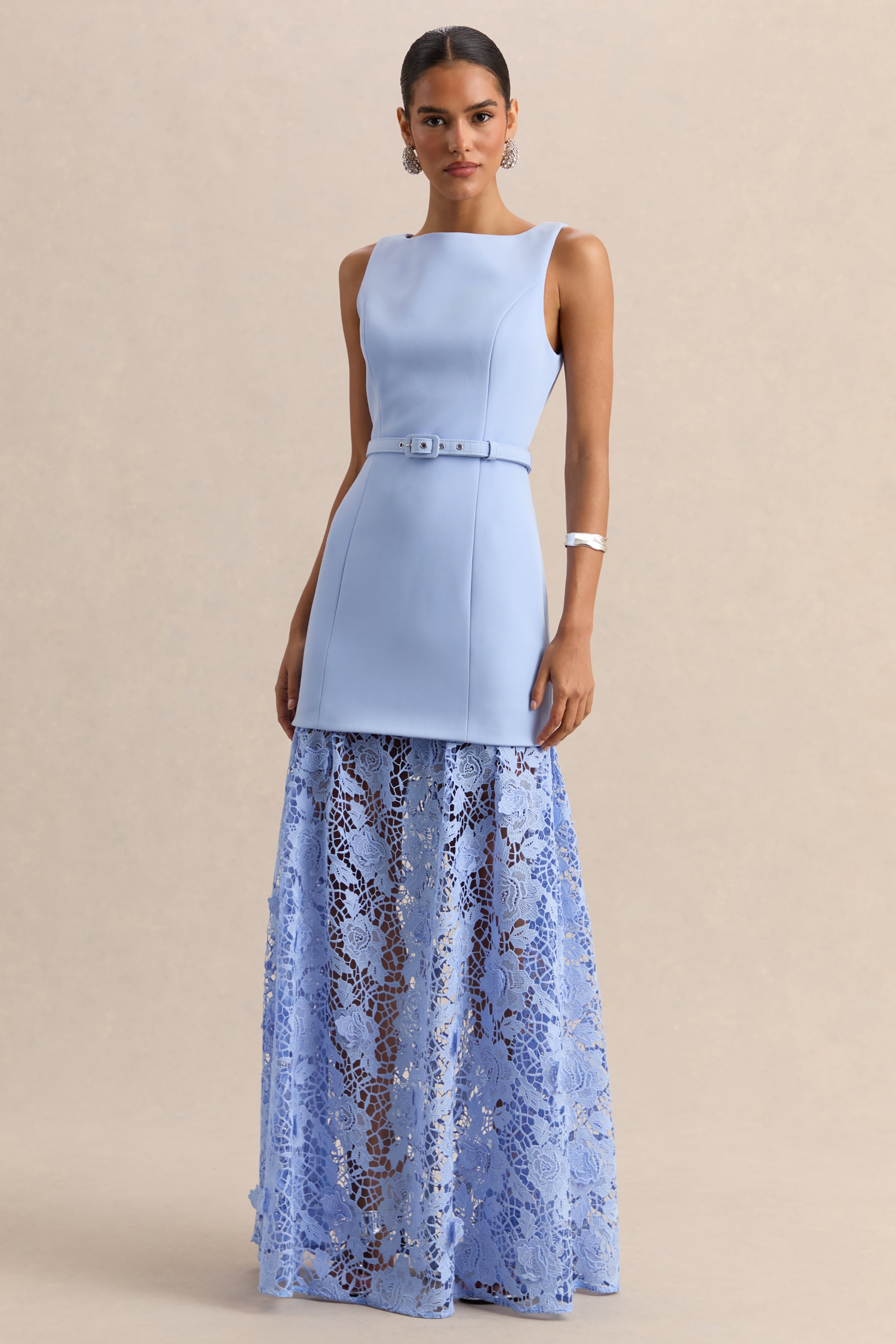 Verena | Powder Blue Boat-Neck Belted Maxi Dress With Lace Skirt