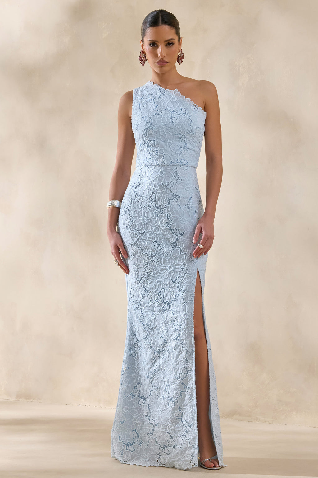 Lunia | Powder Blue Broderie Asymmetric-Neck Maxi Dress