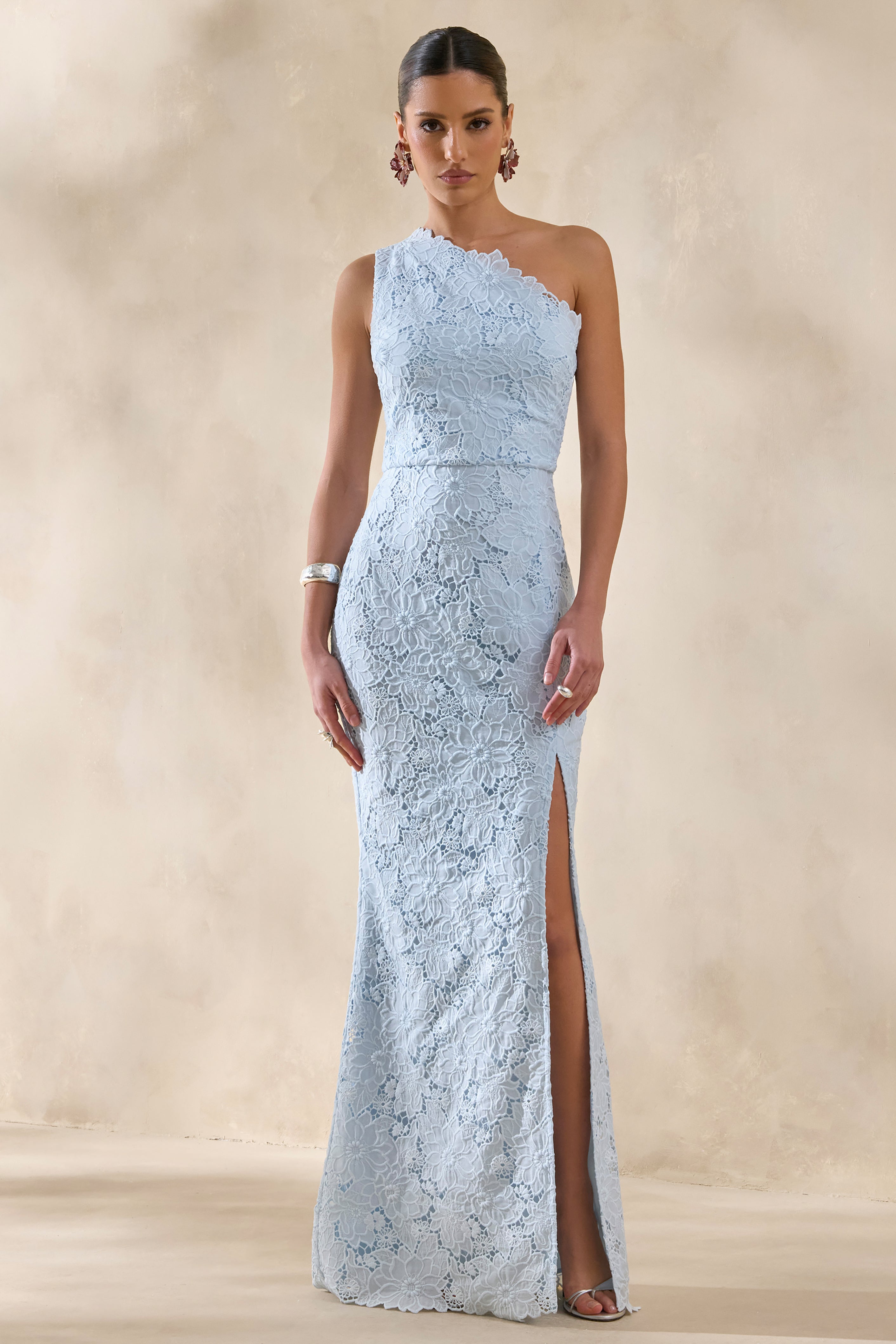 Lunia | Powder Blue Broderie Asymmetric-Neck Maxi Dress