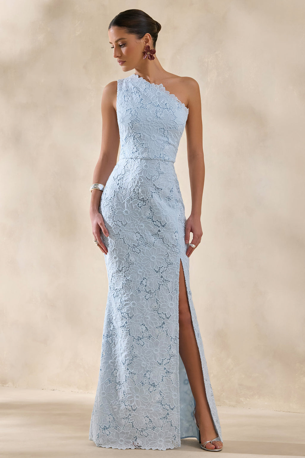 Lunia | Powder Blue Broderie Asymmetric-Neck Maxi Dress