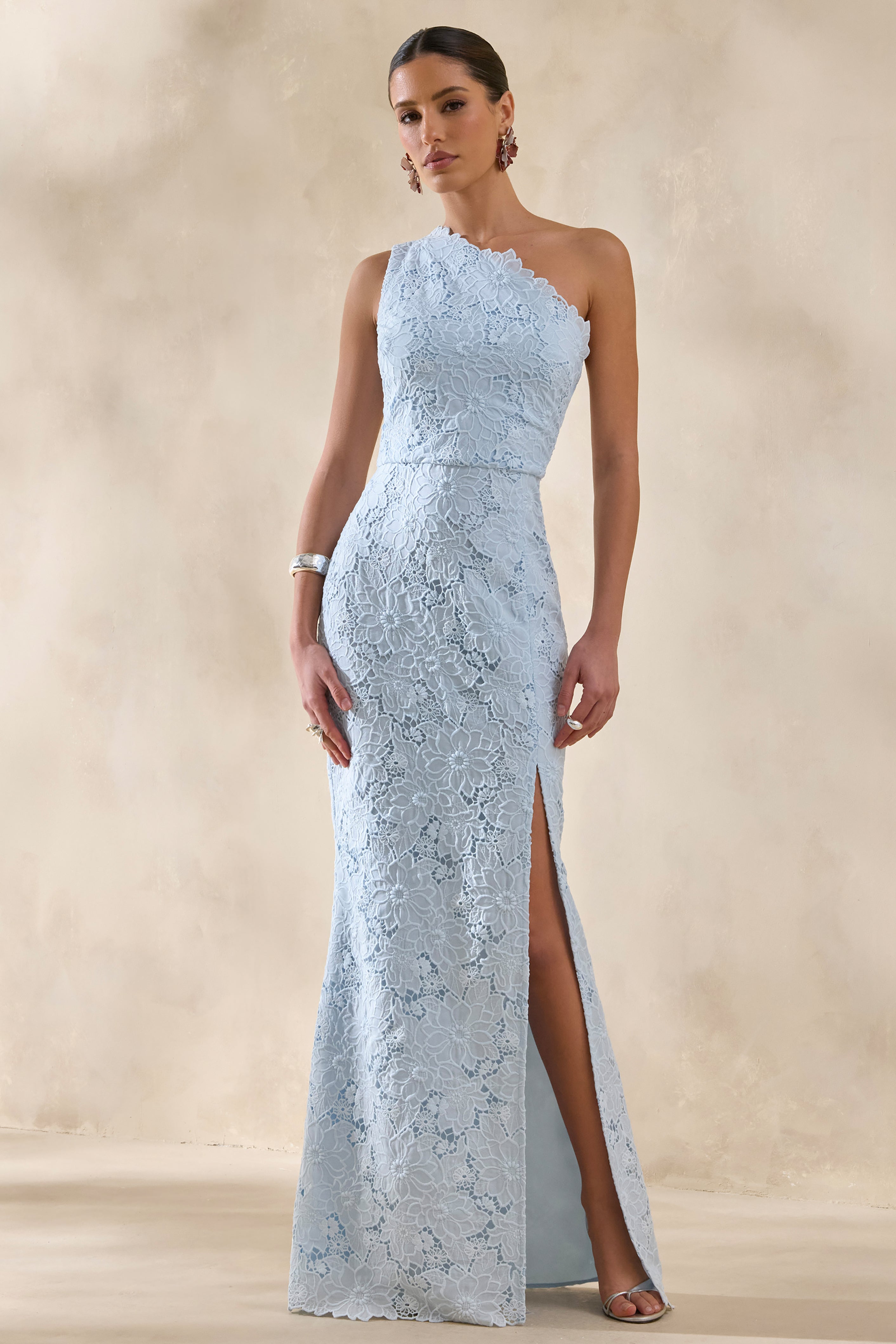 Lunia | Powder Blue Broderie Asymmetric-Neck Maxi Dress