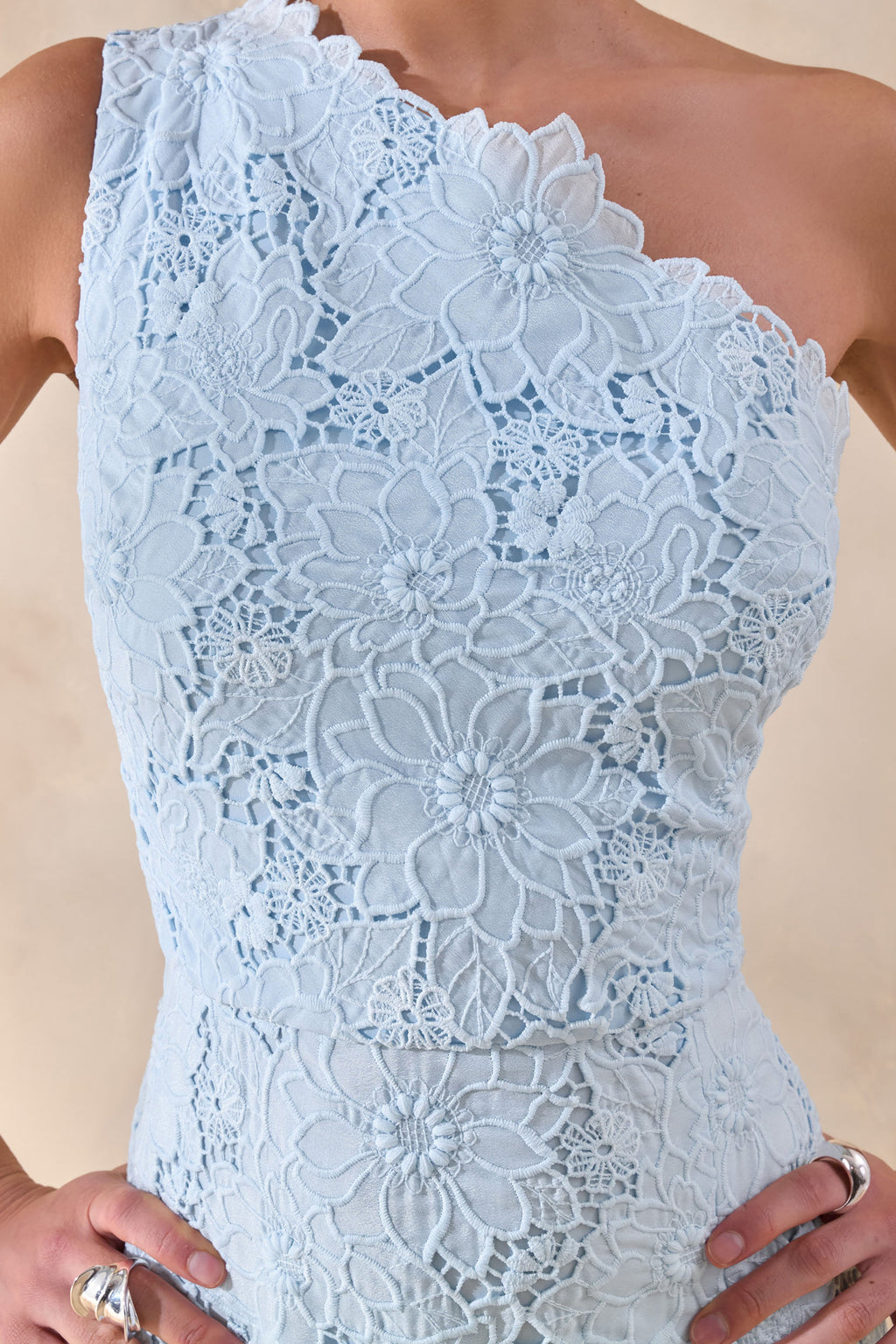 Lunia | Powder Blue Broderie Asymmetric-Neck Maxi Dress