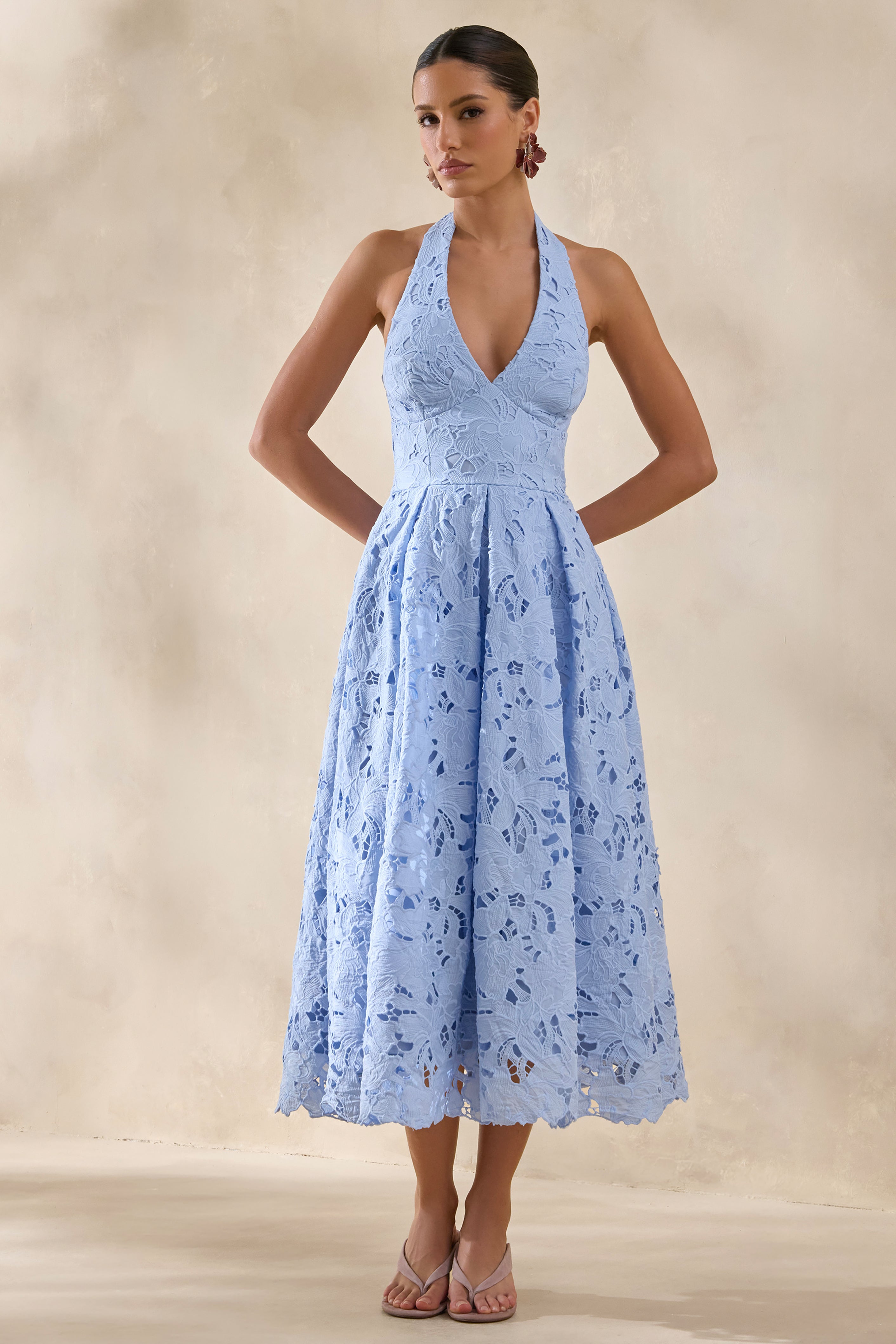 Maribel | Powder Blue Lace Plunge-Neck Midi Dress