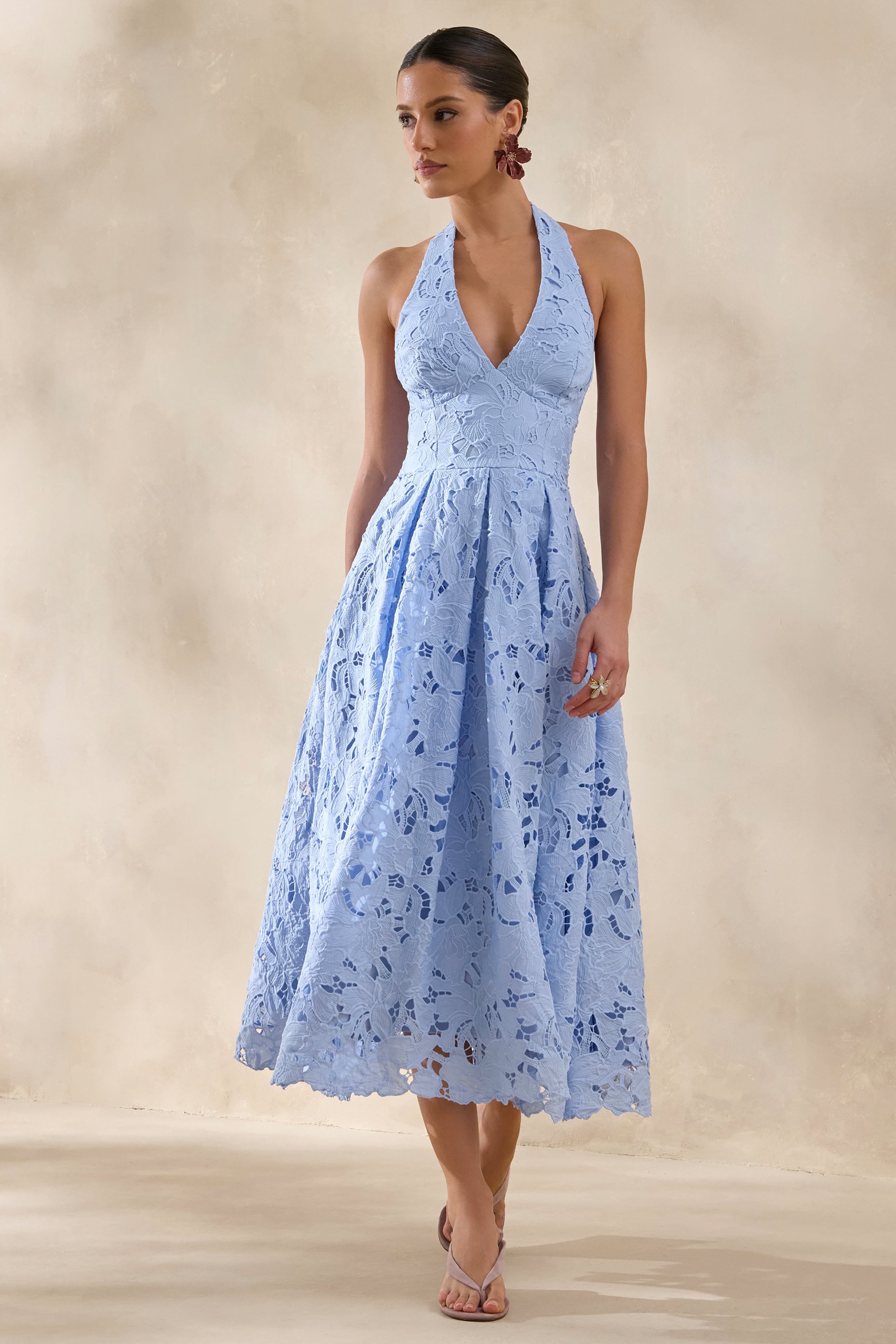 Maribel | Powder Blue Lace Plunge-Neck Midi Dress