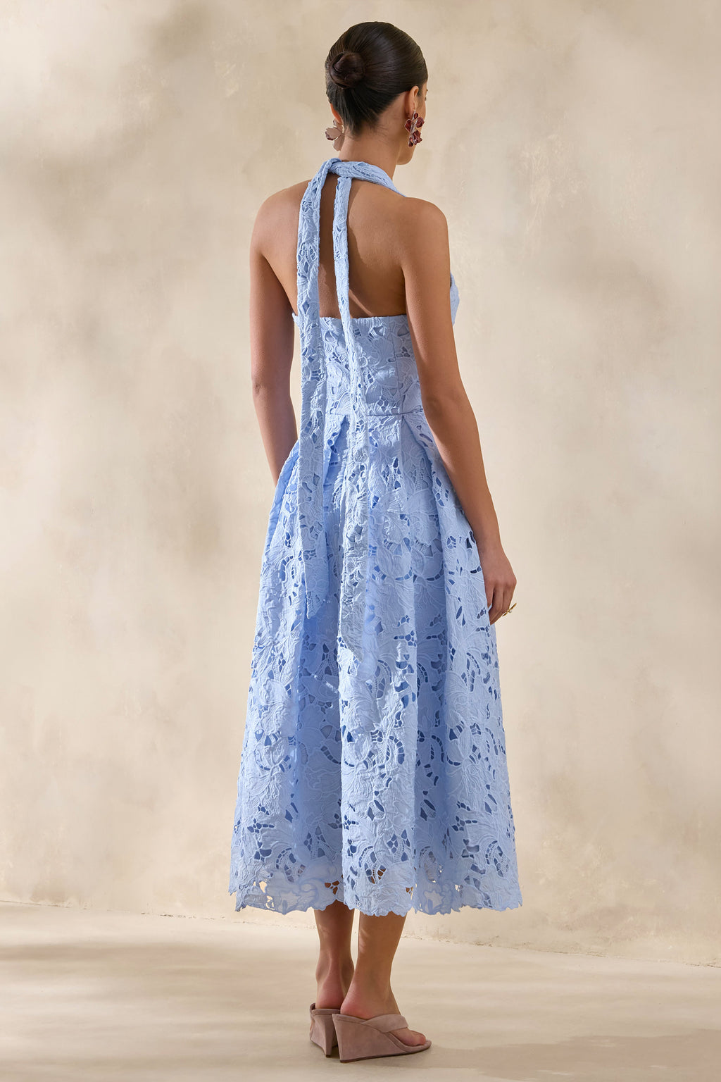 Maribel | Powder Blue Lace Plunge-Neck Midi Dress