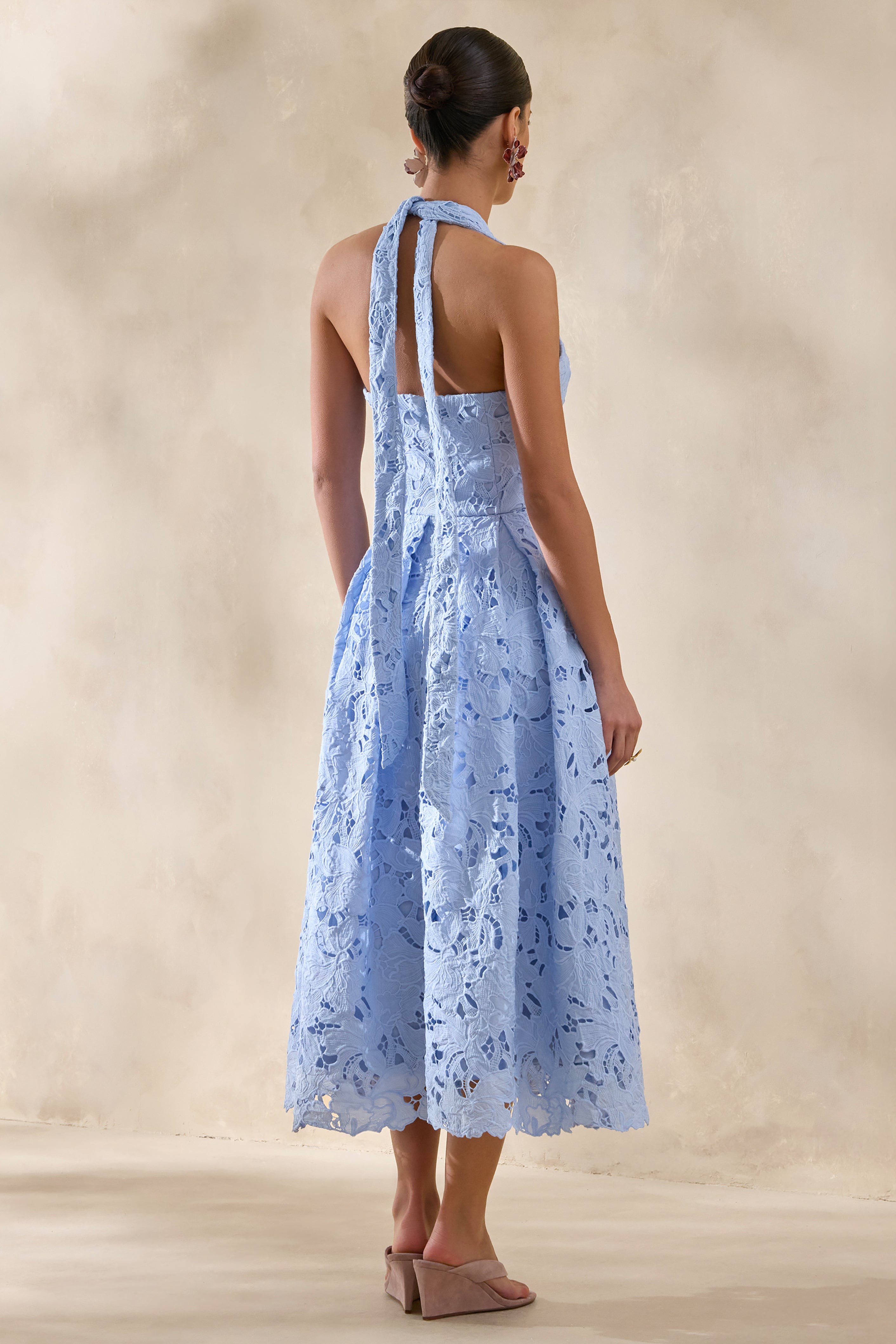Maribel | Powder Blue Lace Plunge-Neck Midi Dress