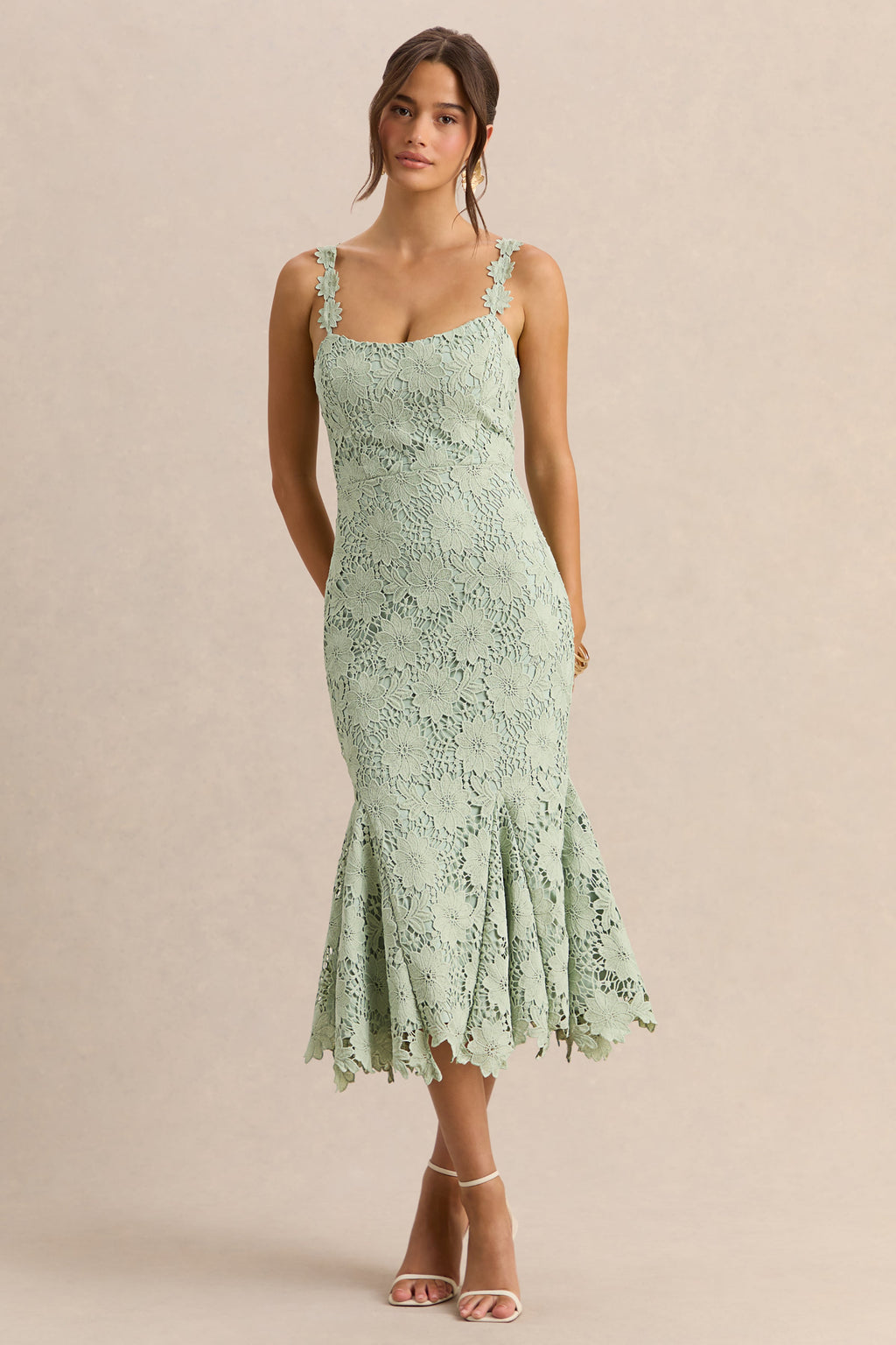 Melia | Sage Lace Scoop-Neck Midi Dress