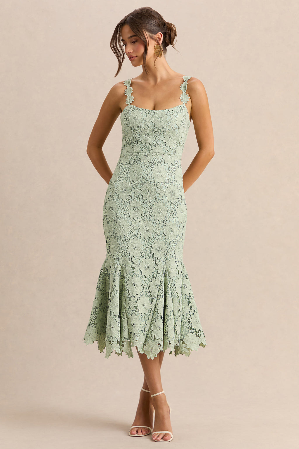 Melia | Sage Lace Scoop-Neck Midi Dress
