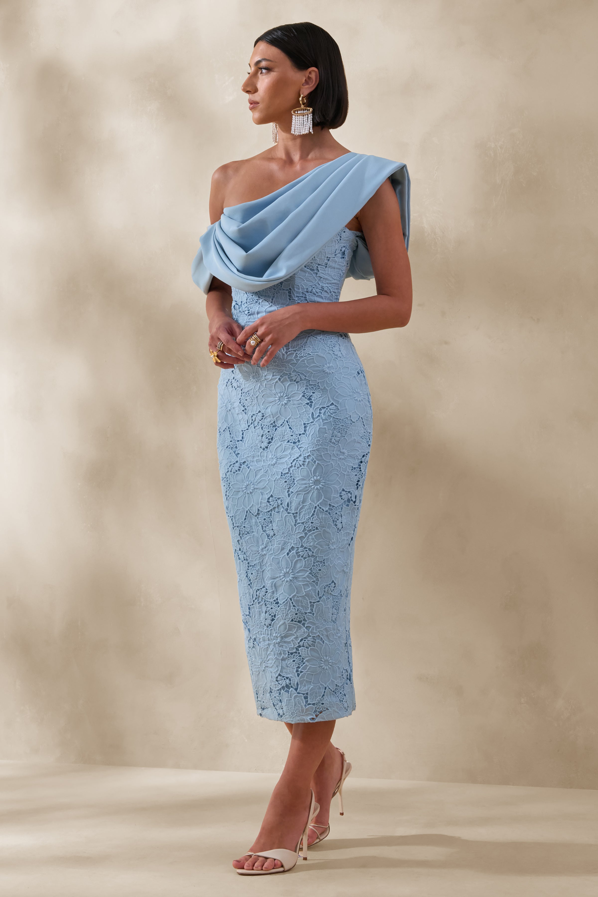 Loria | Powder Blue Lace Asymmetric-Neck Midi Dress With Draped Detailing