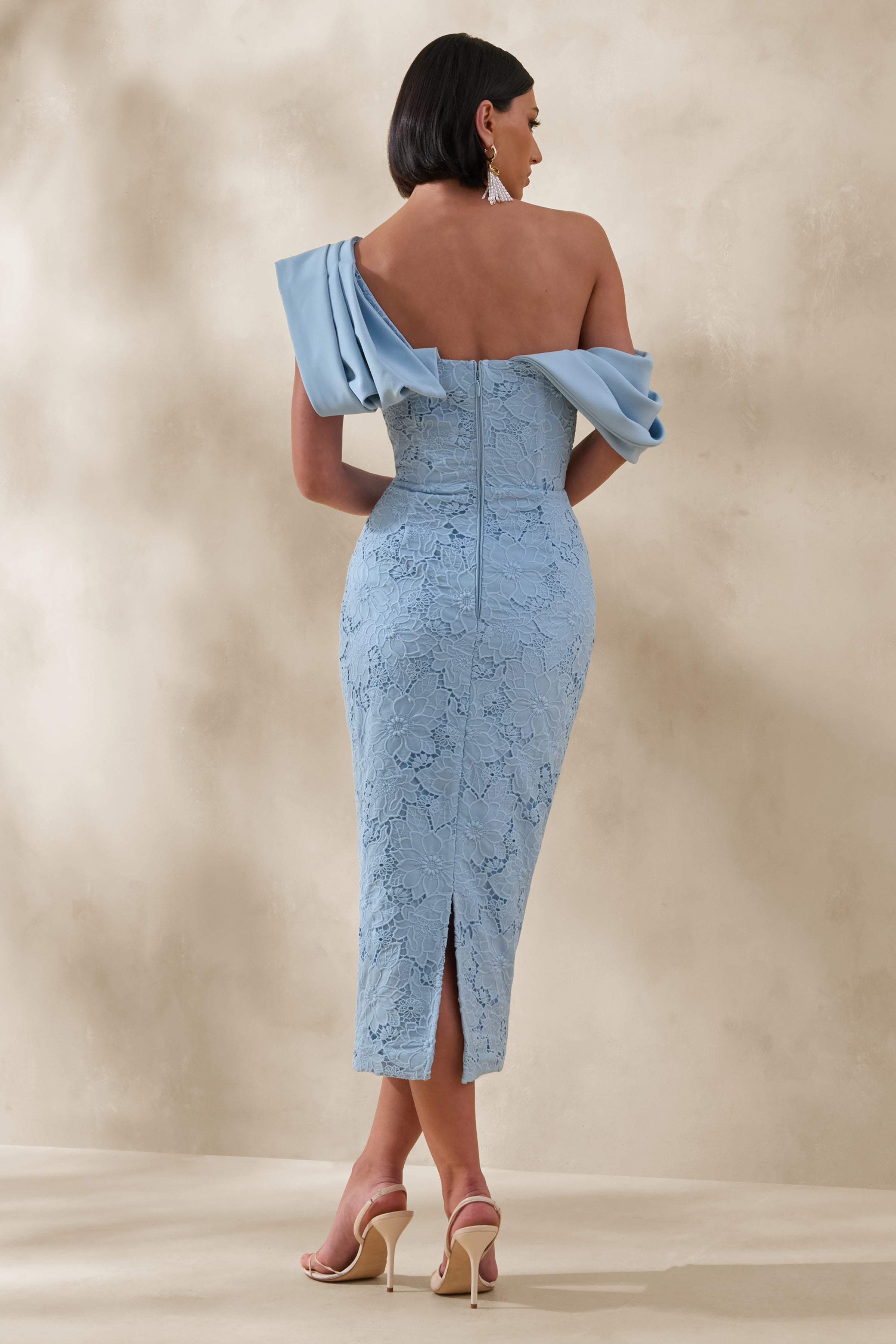 Loria | Powder Blue Lace Asymmetric-Neck Midi Dress With Draped Detailing