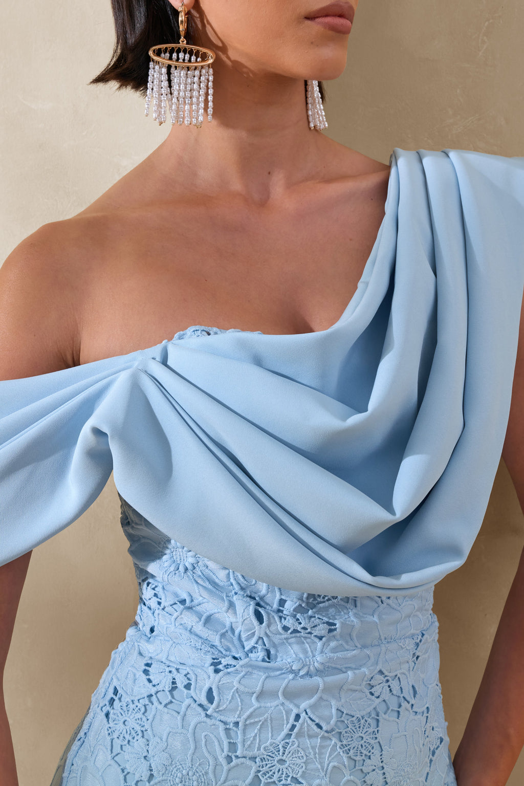 Loria | Powder Blue Lace Asymmetric-Neck Midi Dress With Draped Detailing
