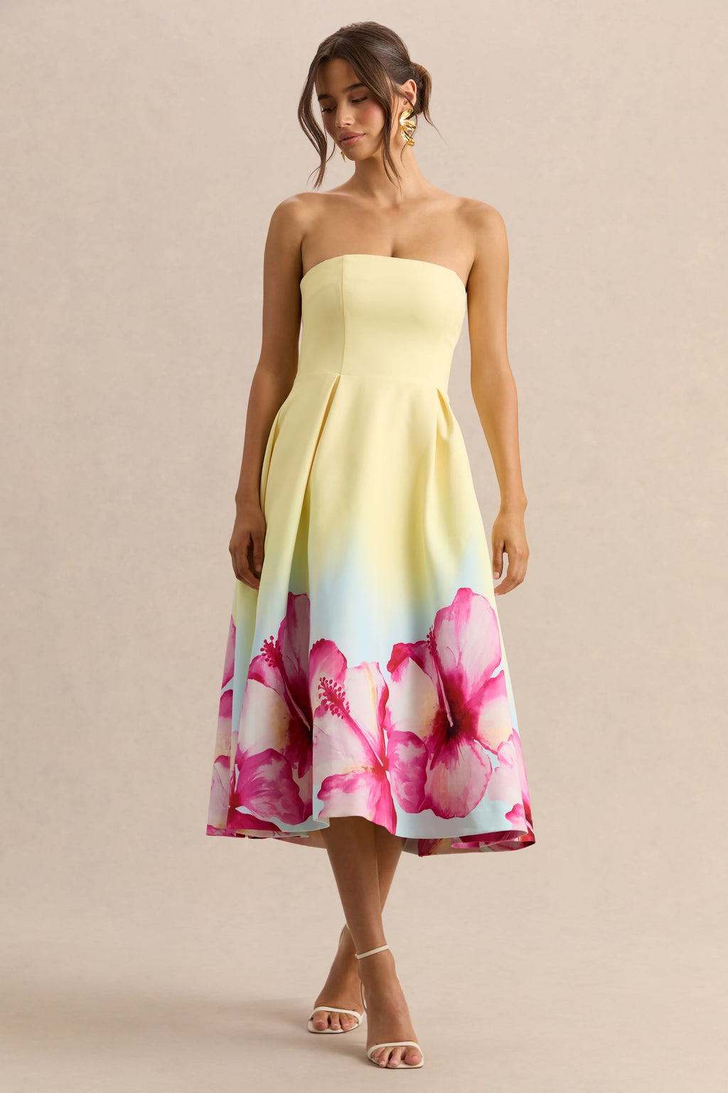 Zoya | Yellow Ombre Lily Print Bandeau Midi Dress