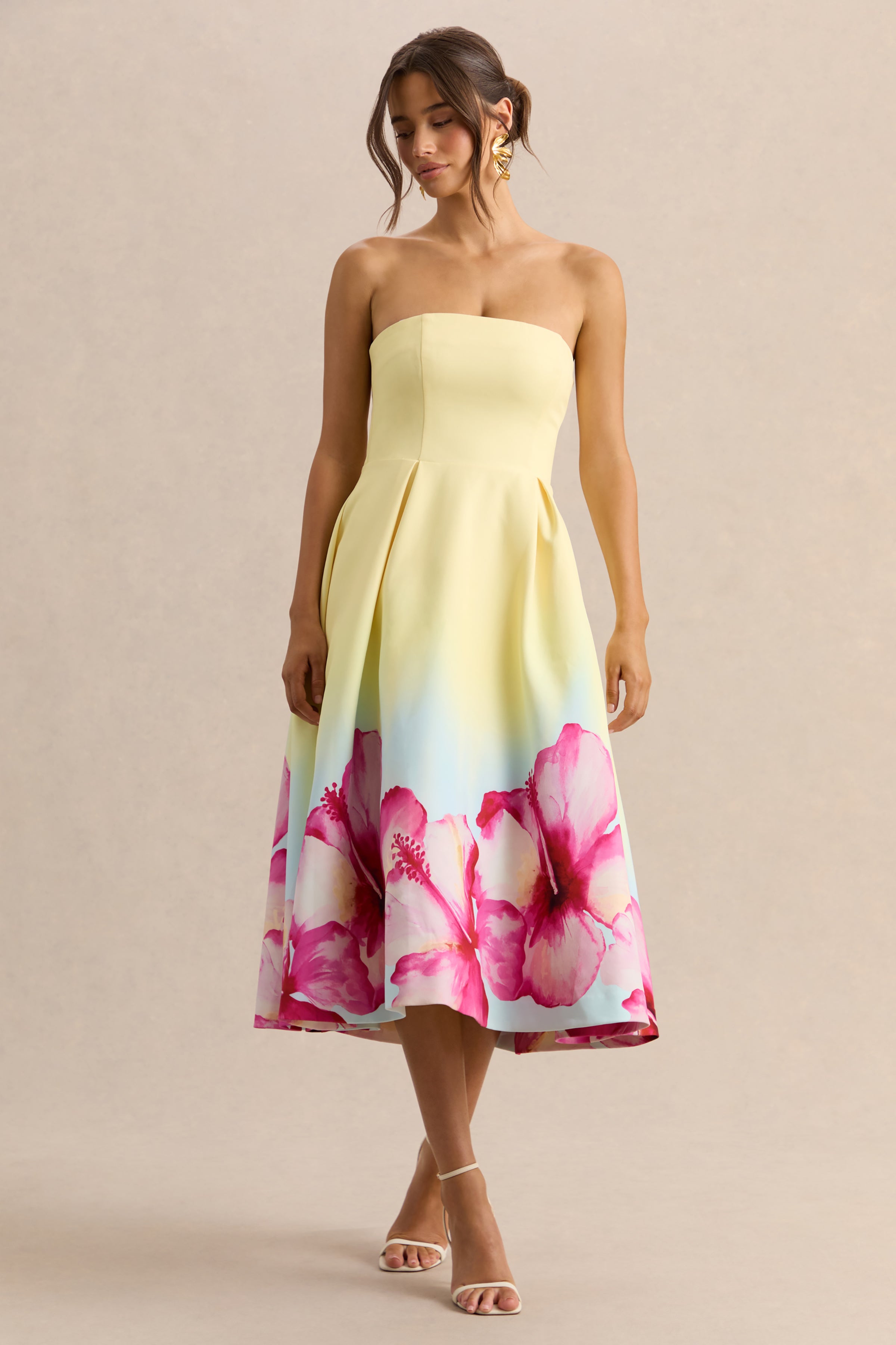 Zoya | Yellow Ombre Lily Print Bandeau Midi Dress