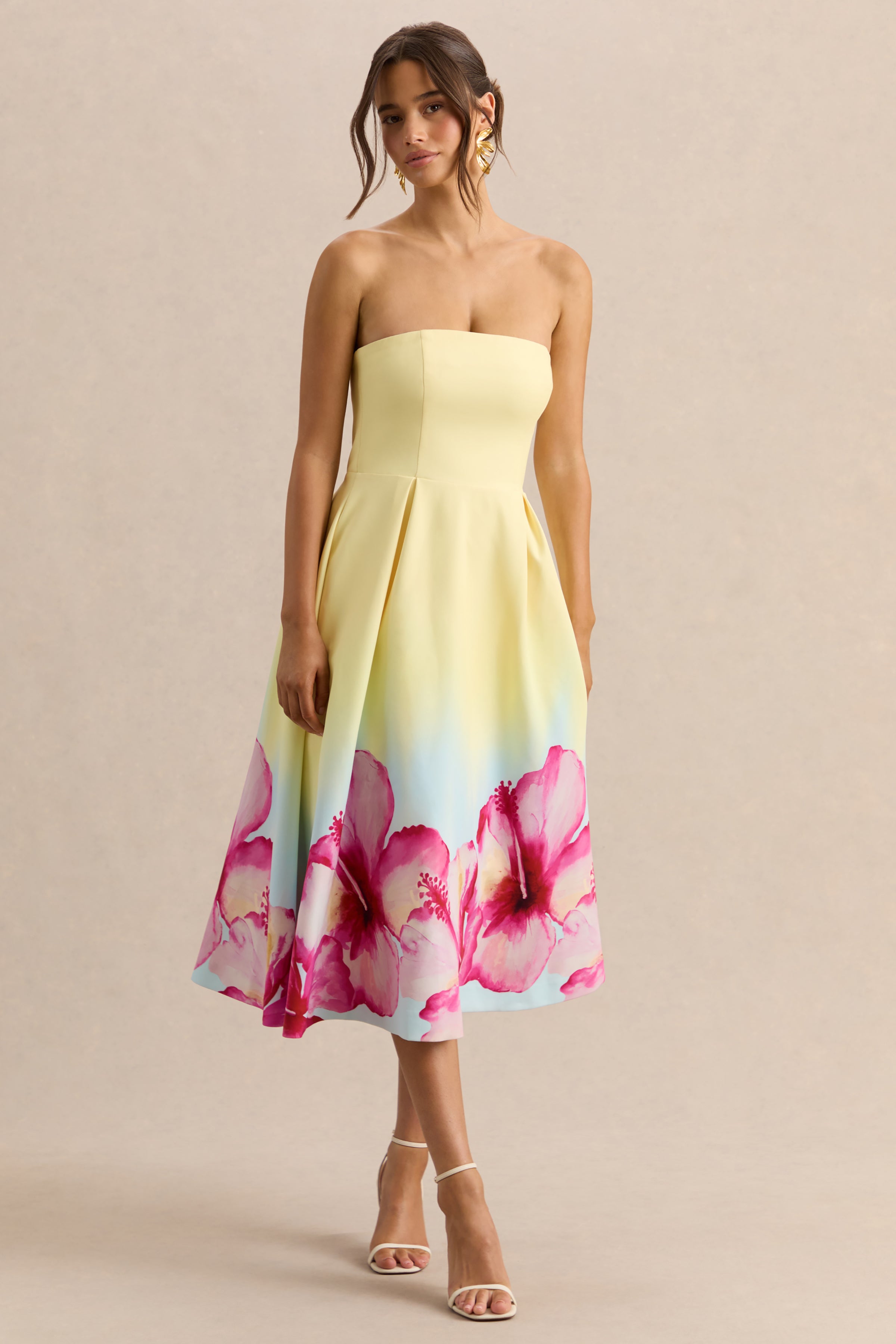 Zoya | Yellow Ombre Lily Print Bandeau Midi Dress