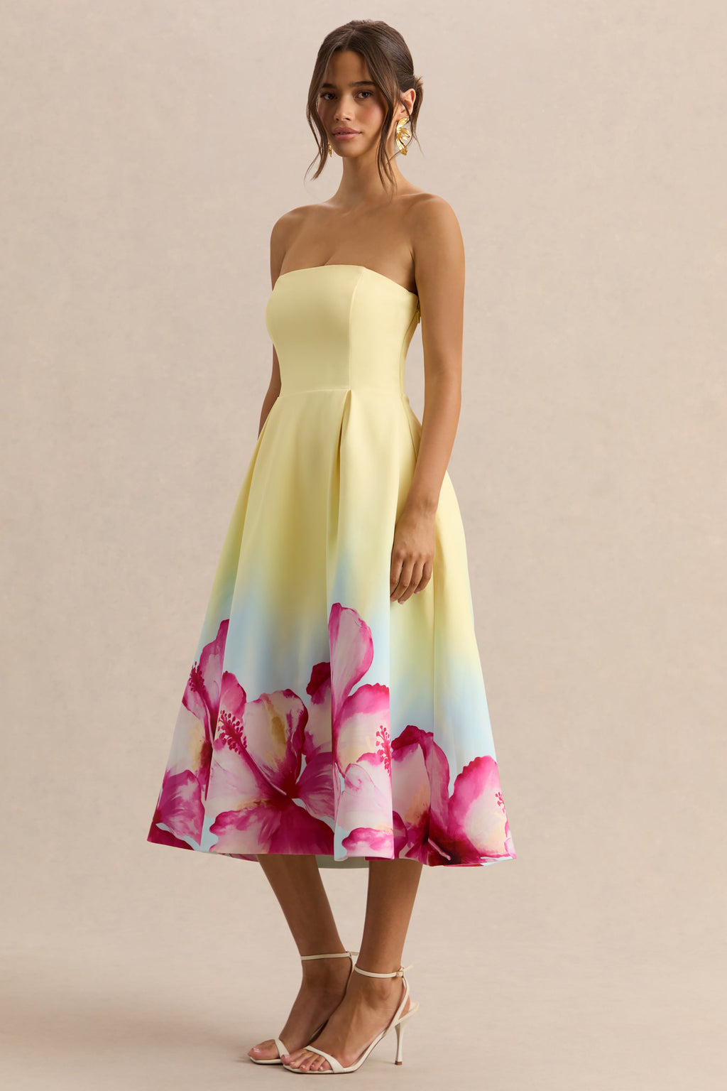 Zoya | Yellow Ombre Lily Print Bandeau Midi Dress