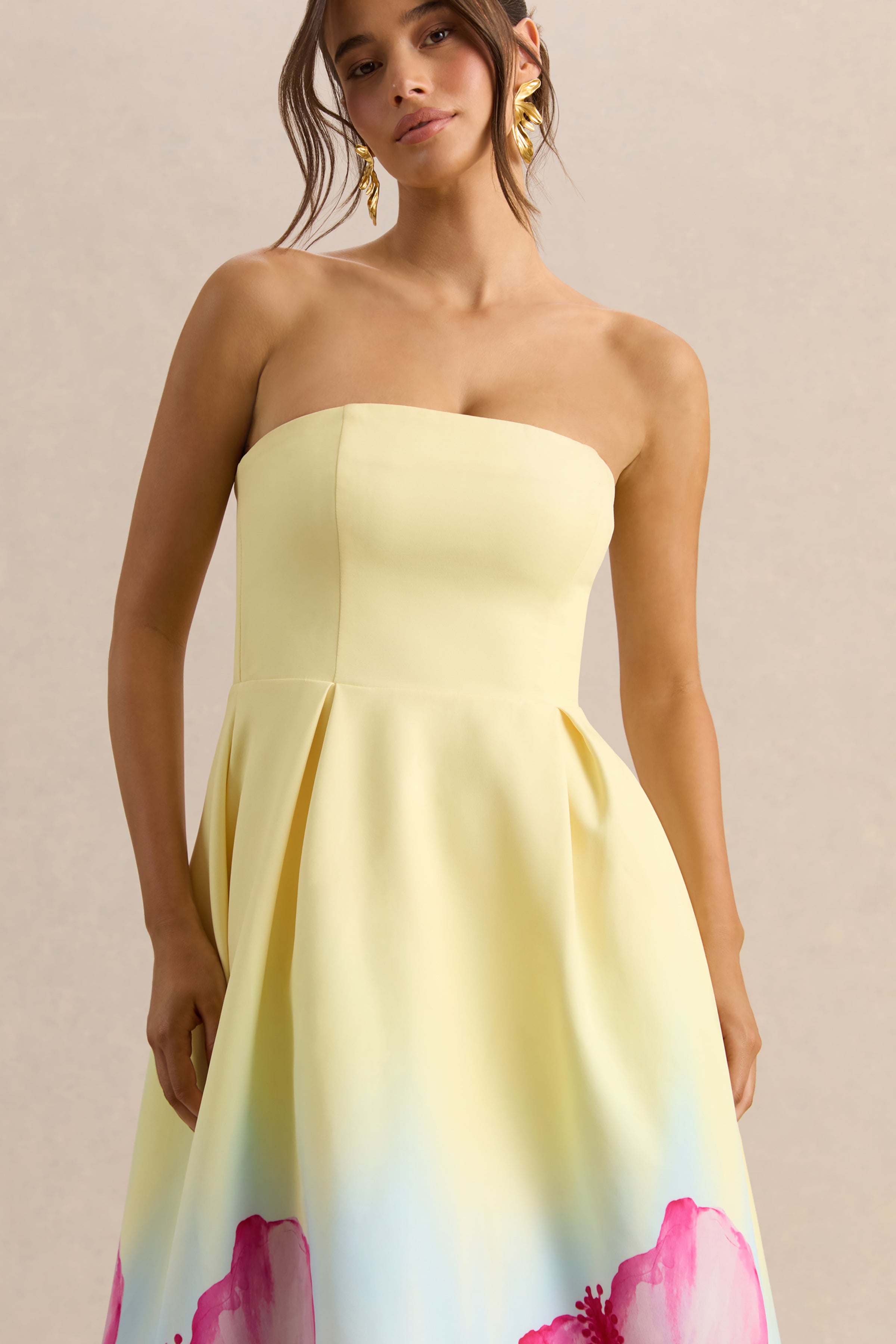 Zoya | Yellow Ombre Lily Print Bandeau Midi Dress