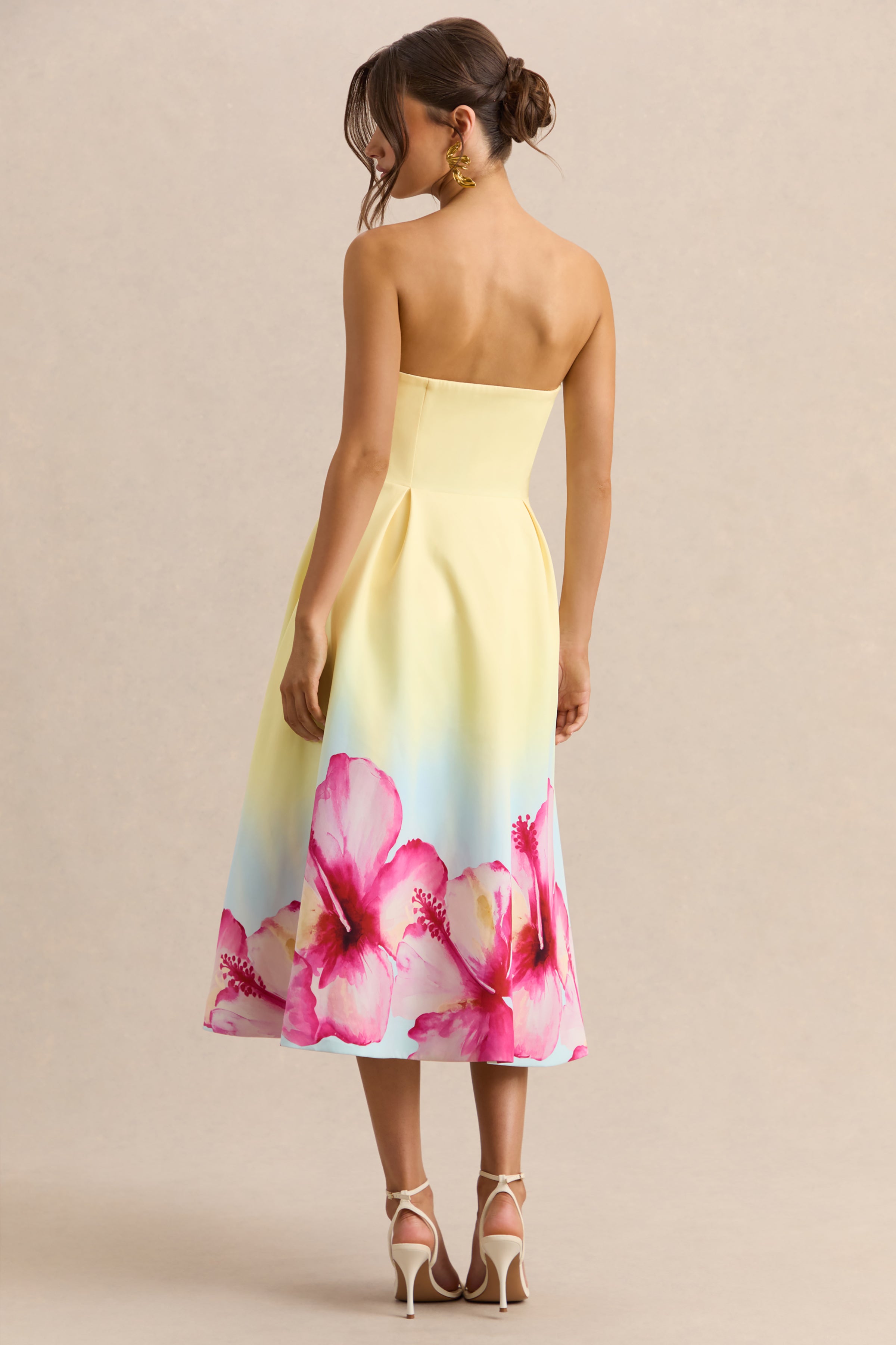 Zoya | Yellow Ombre Lily Print Bandeau Midi Dress