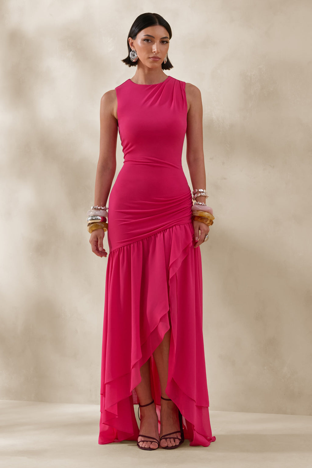 Noelia | Hot Pink High-Neck Maxi Dress With Ruffled Detailing