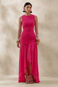 Noelia | Hot Pink High-Neck Maxi Dress With Ruffled Detailing