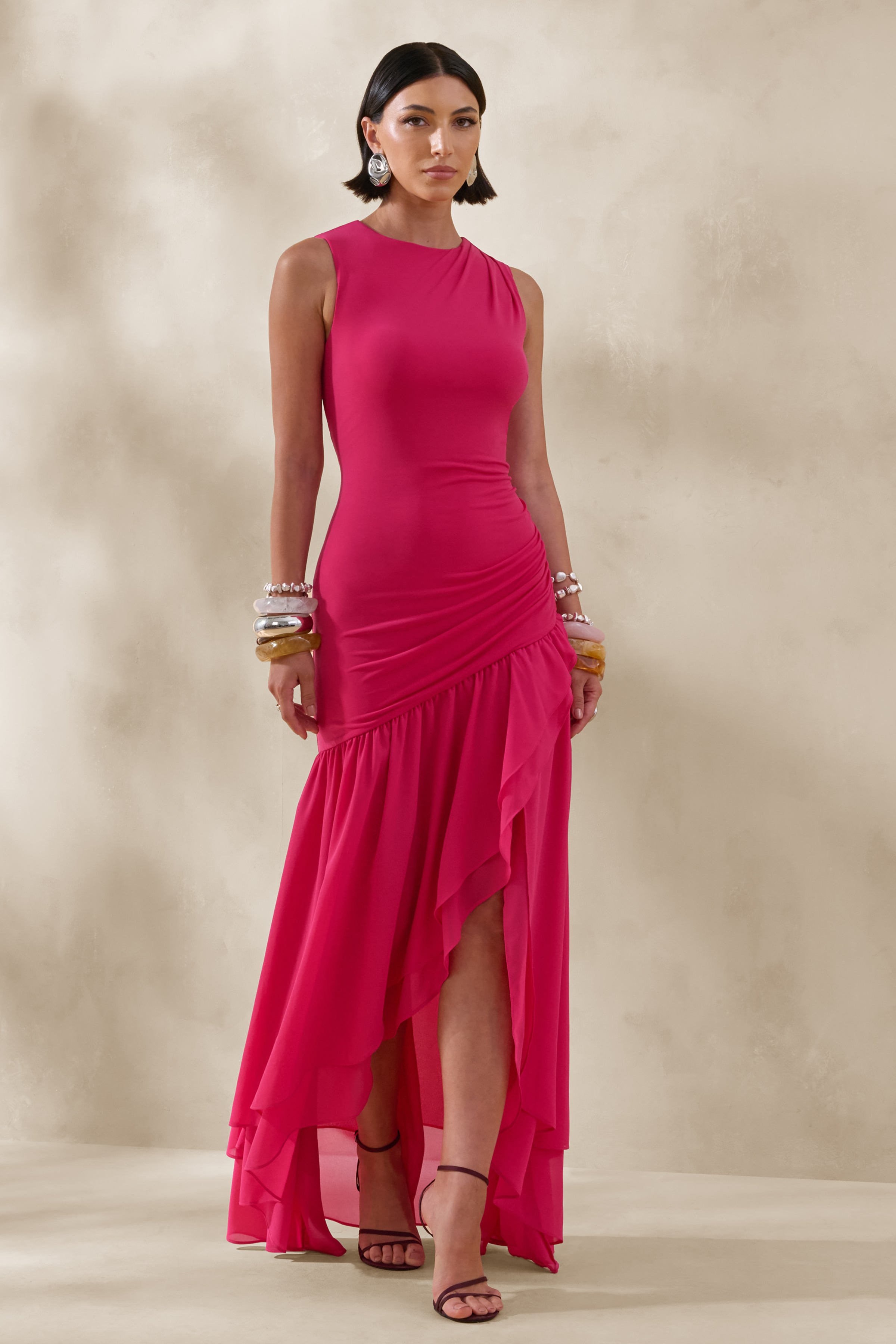 Noelia | Hot Pink High-Neck Maxi Dress With Ruffled Detailing