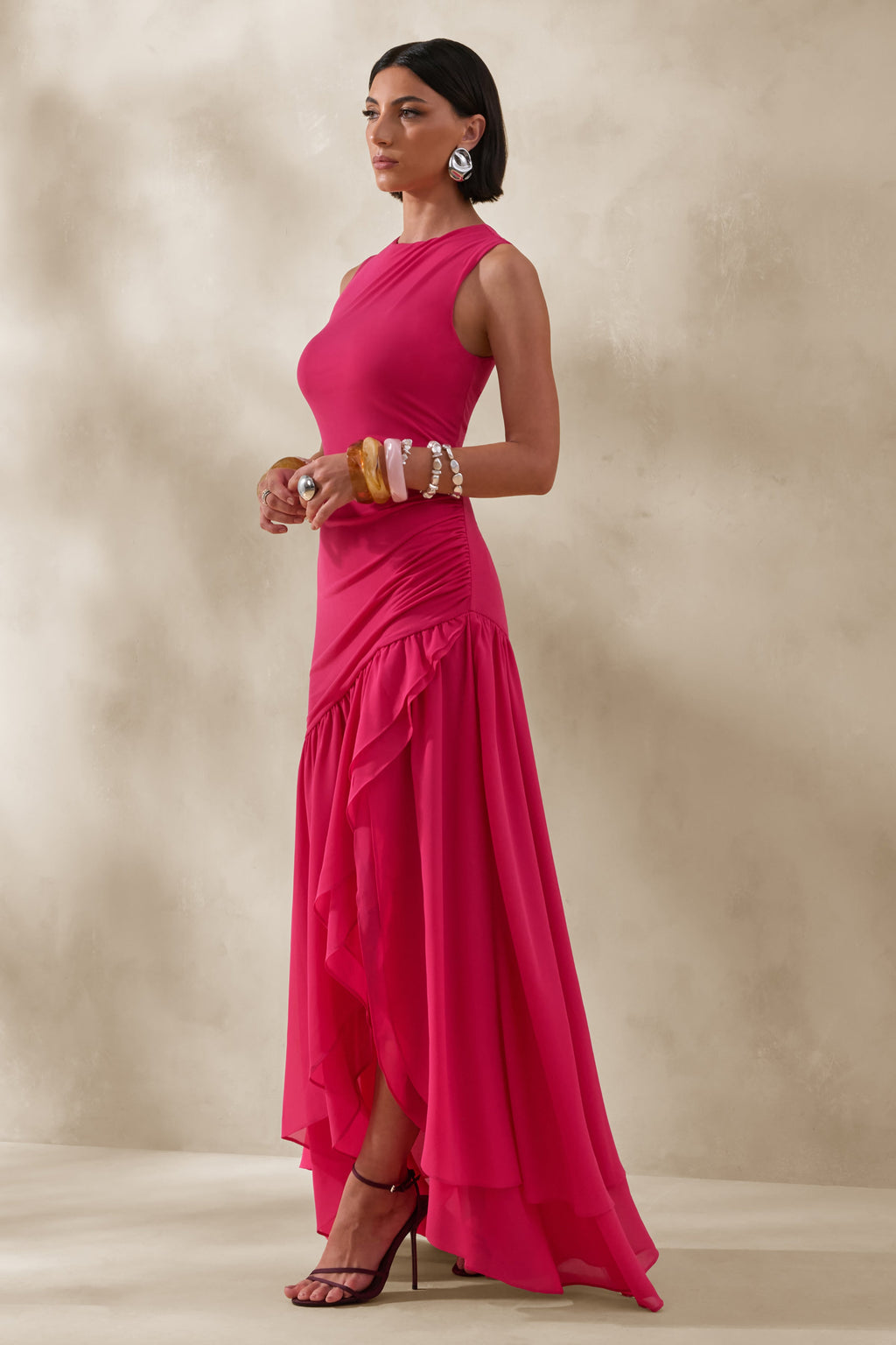 Noelia | Hot Pink High-Neck Maxi Dress With Ruffled Detailing