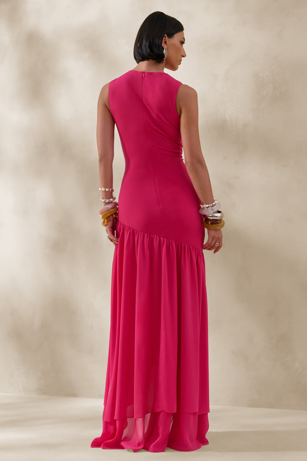 Noelia | Hot Pink High-Neck Maxi Dress With Ruffled Detailing