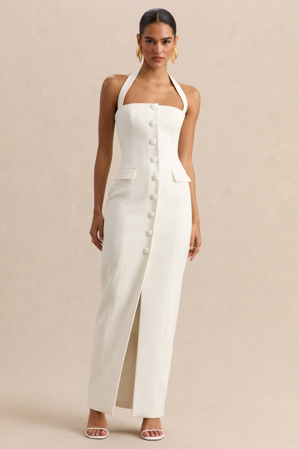 Steph | White Halter-Neck Tailored Maxi Dress