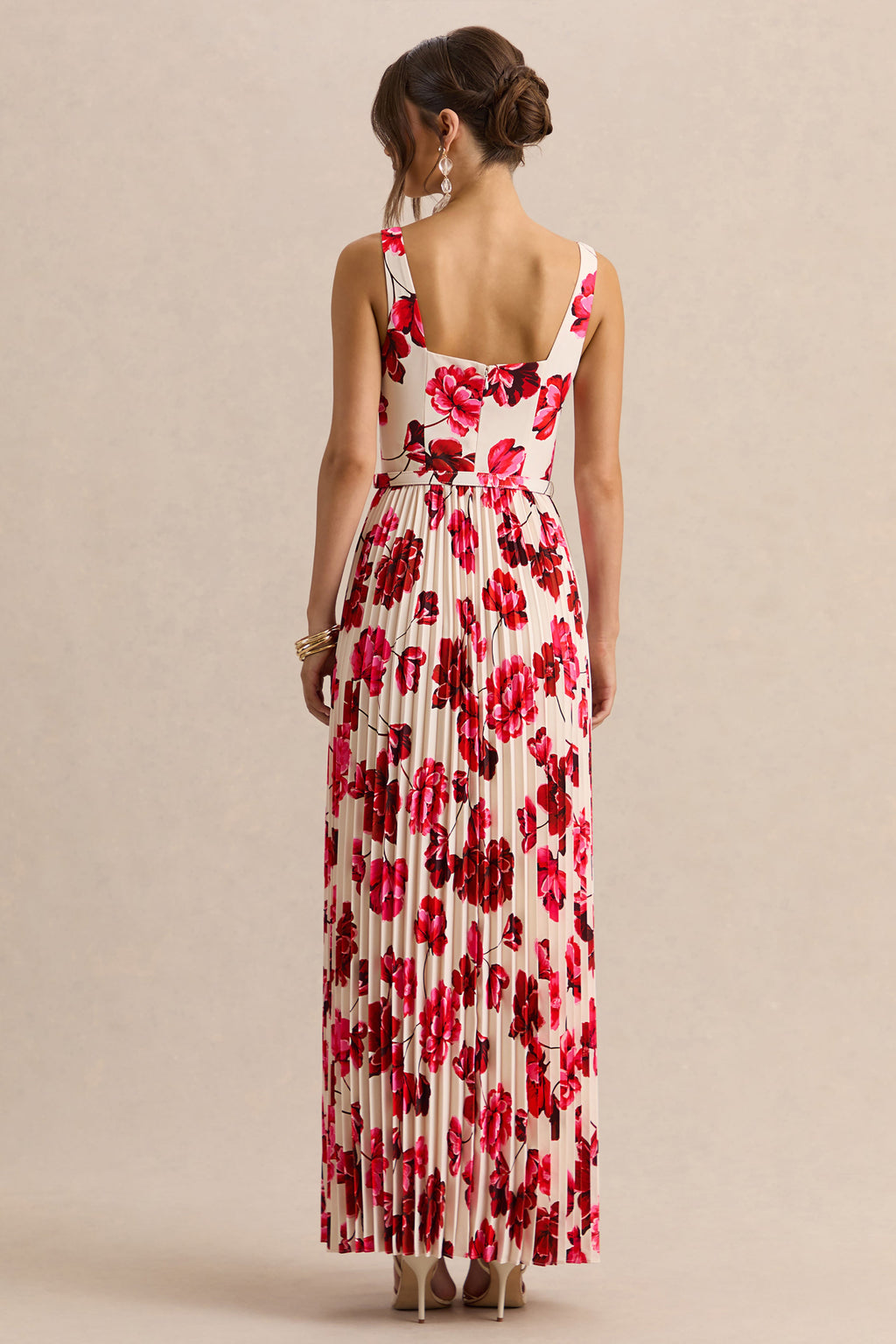 Danika | Hot Pink Floral Print Square-Neck Belted Maxi Dress With Pleated Skirt