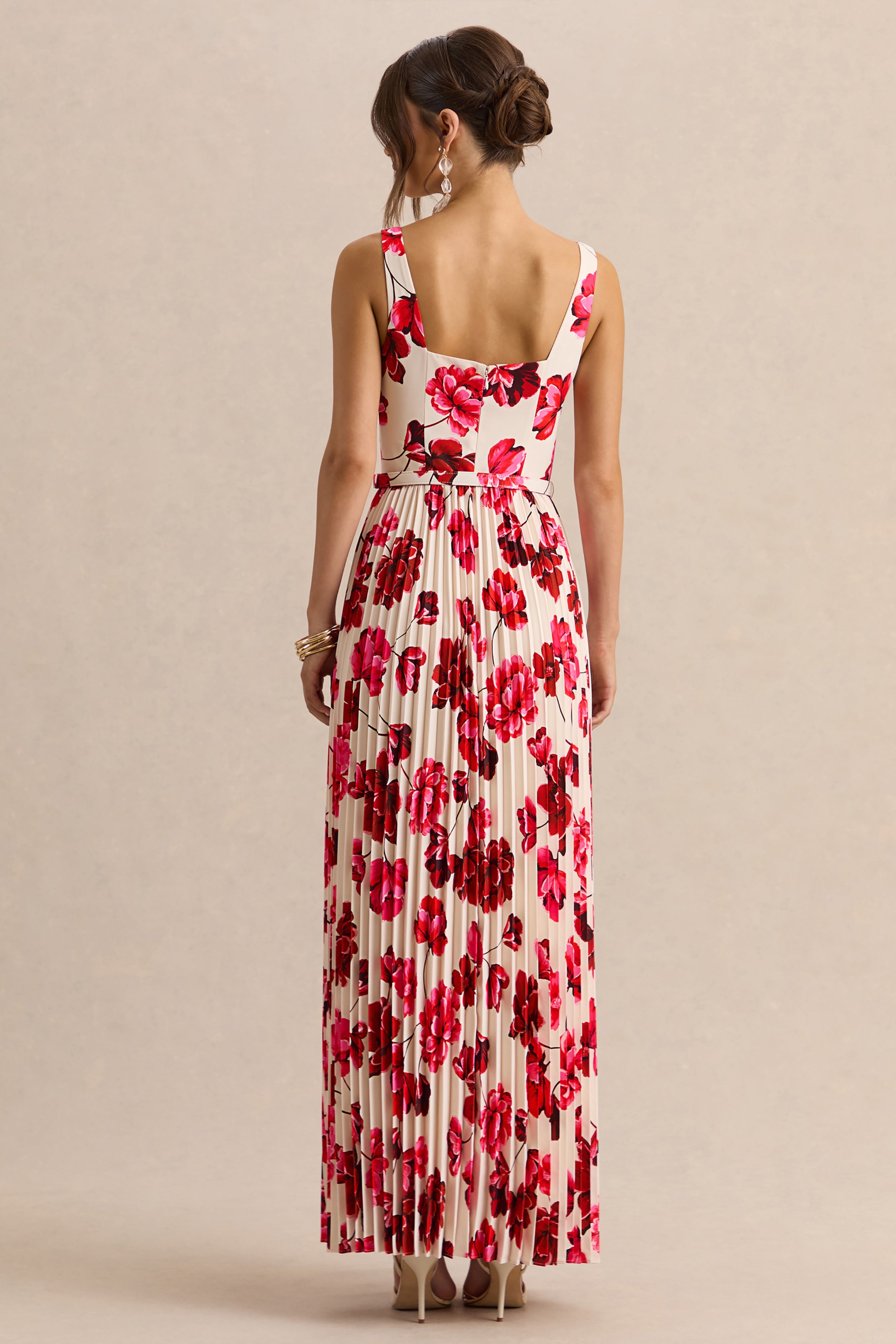 Danika | Hot Pink Floral Print Square-Neck Belted Maxi Dress With Pleated Skirt