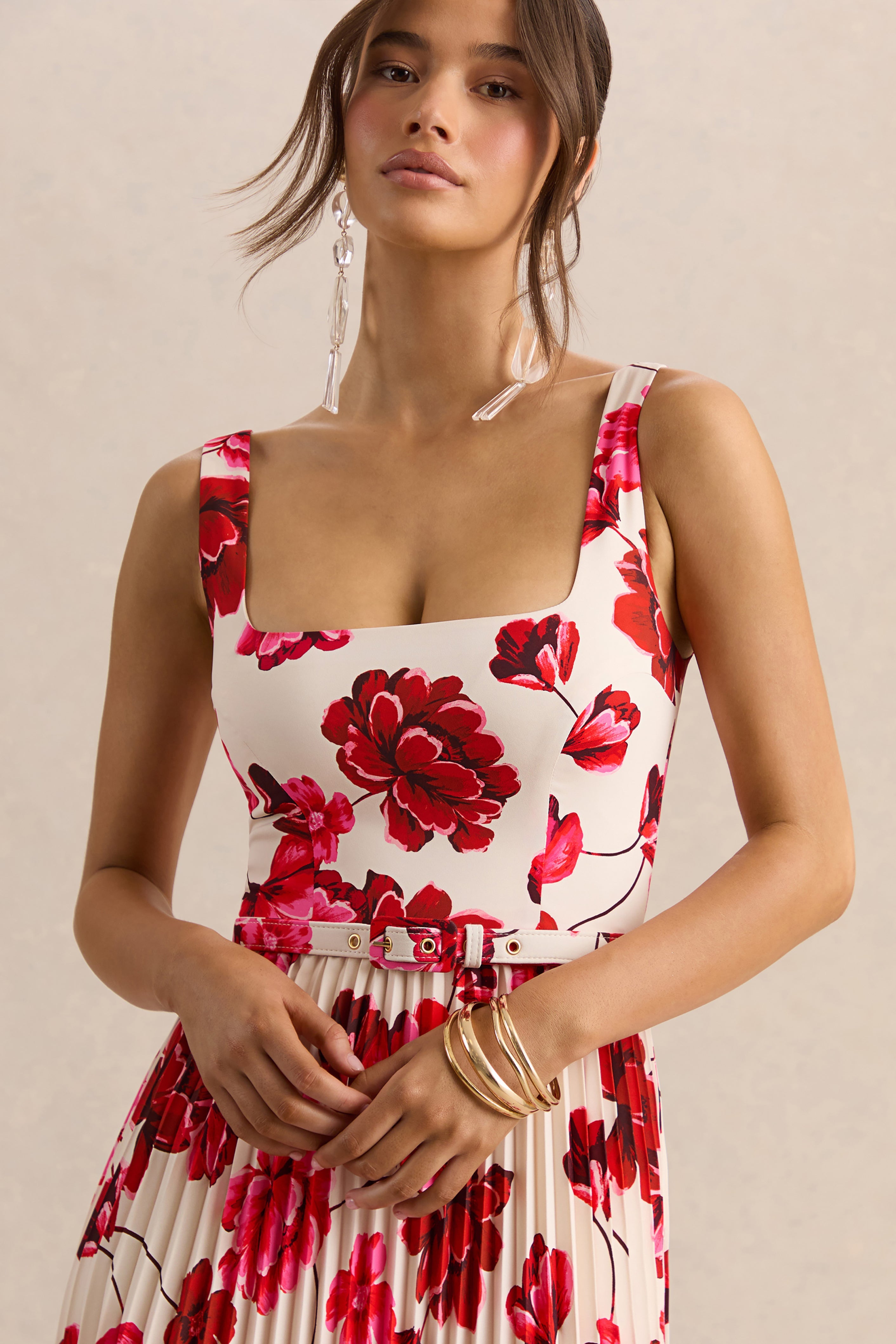 Danika | Hot Pink Floral Print Square-Neck Belted Maxi Dress With Pleated Skirt