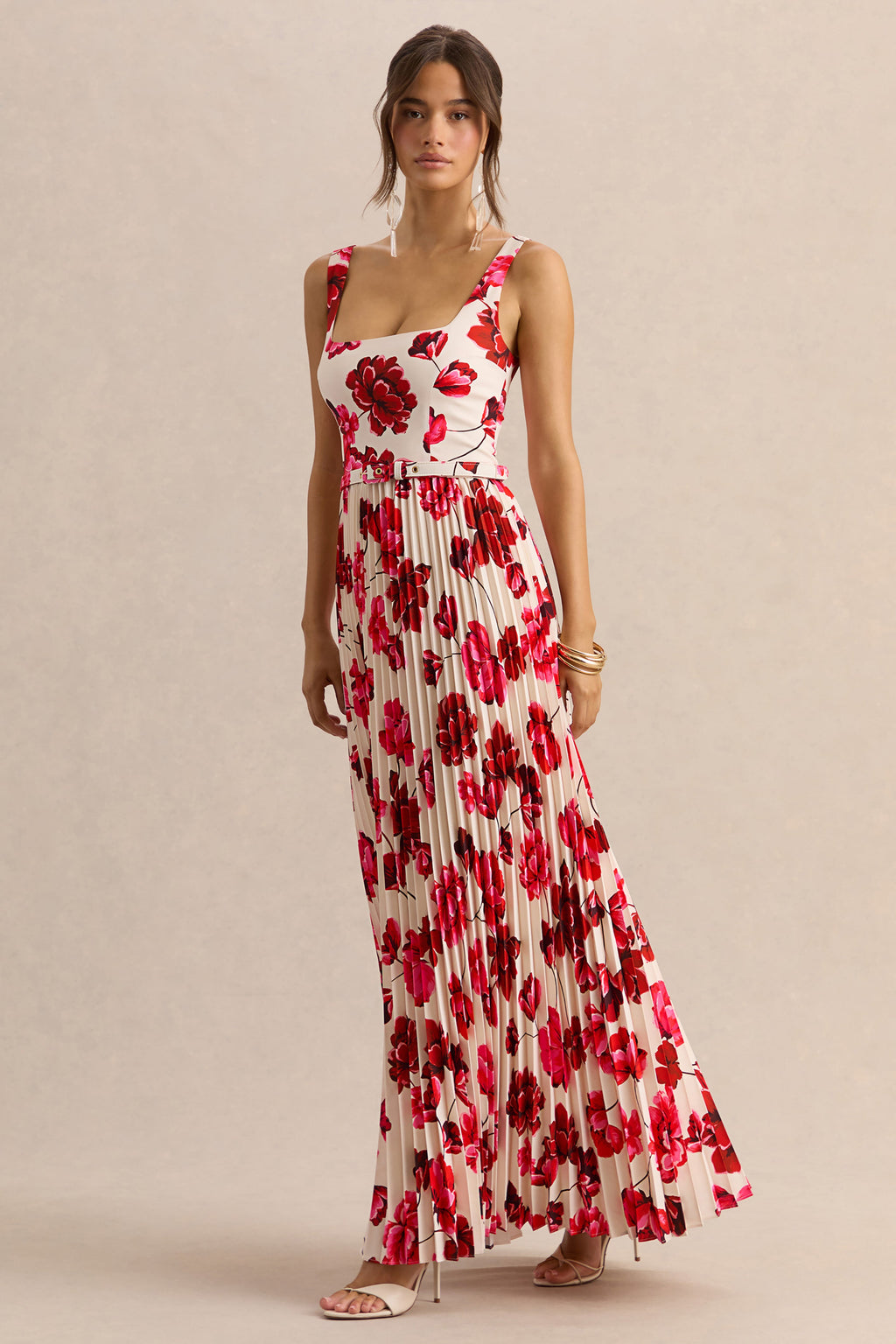 Danika | Hot Pink Floral Print Square-Neck Belted Maxi Dress With Pleated Skirt